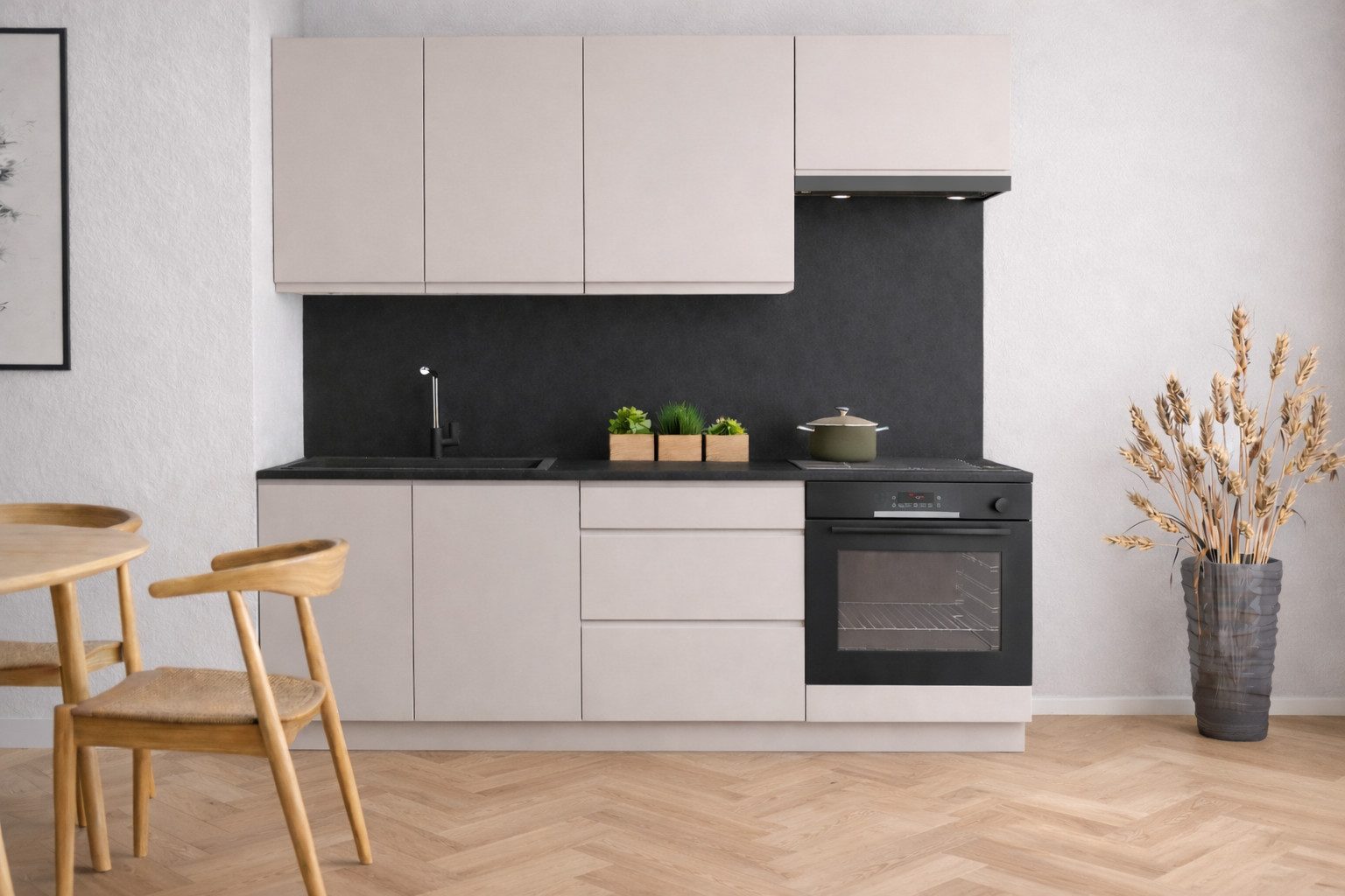 Möbel für Dich Küchenzeile Moderne Grifflose Einbauküche VELO 200 cm, 6-teilig, mit SoftClose, Fronten aus 19 mm Acrylplatte, Korpusstärke 18 mm