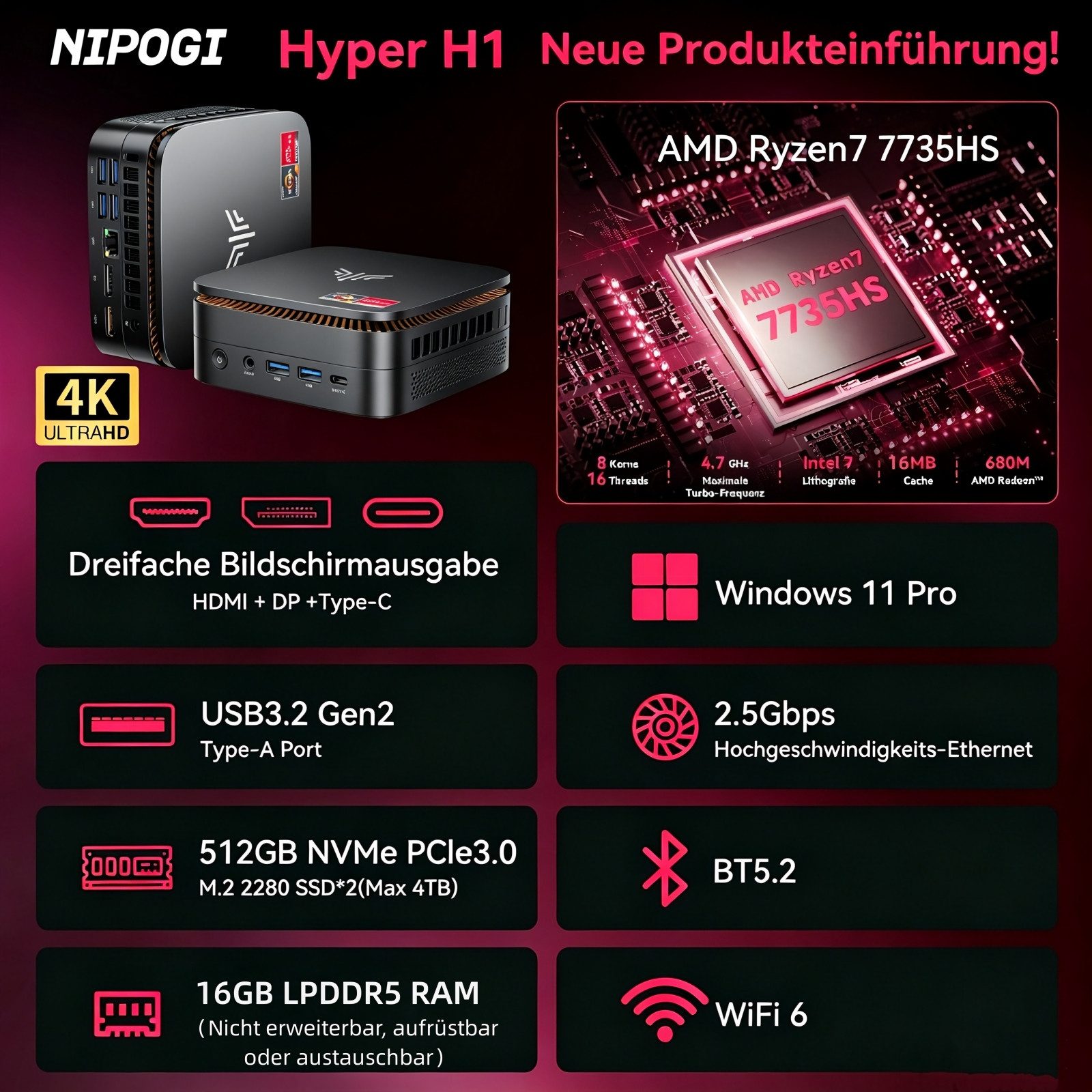 NiPoGi H1 AMD Ryzen 7 7735HS, 16/24 GB LPDDR5 RAM, 512GB SSD, Gaming Mini-PC (AMD Ryzen 7 7735HS, AMD Radeon™ Graphics, 16 GB RAM, 512 GB SSD, AMD Radeon Graphics, 4K Triple Display, WLAN 6, Bluetooth 5.2)