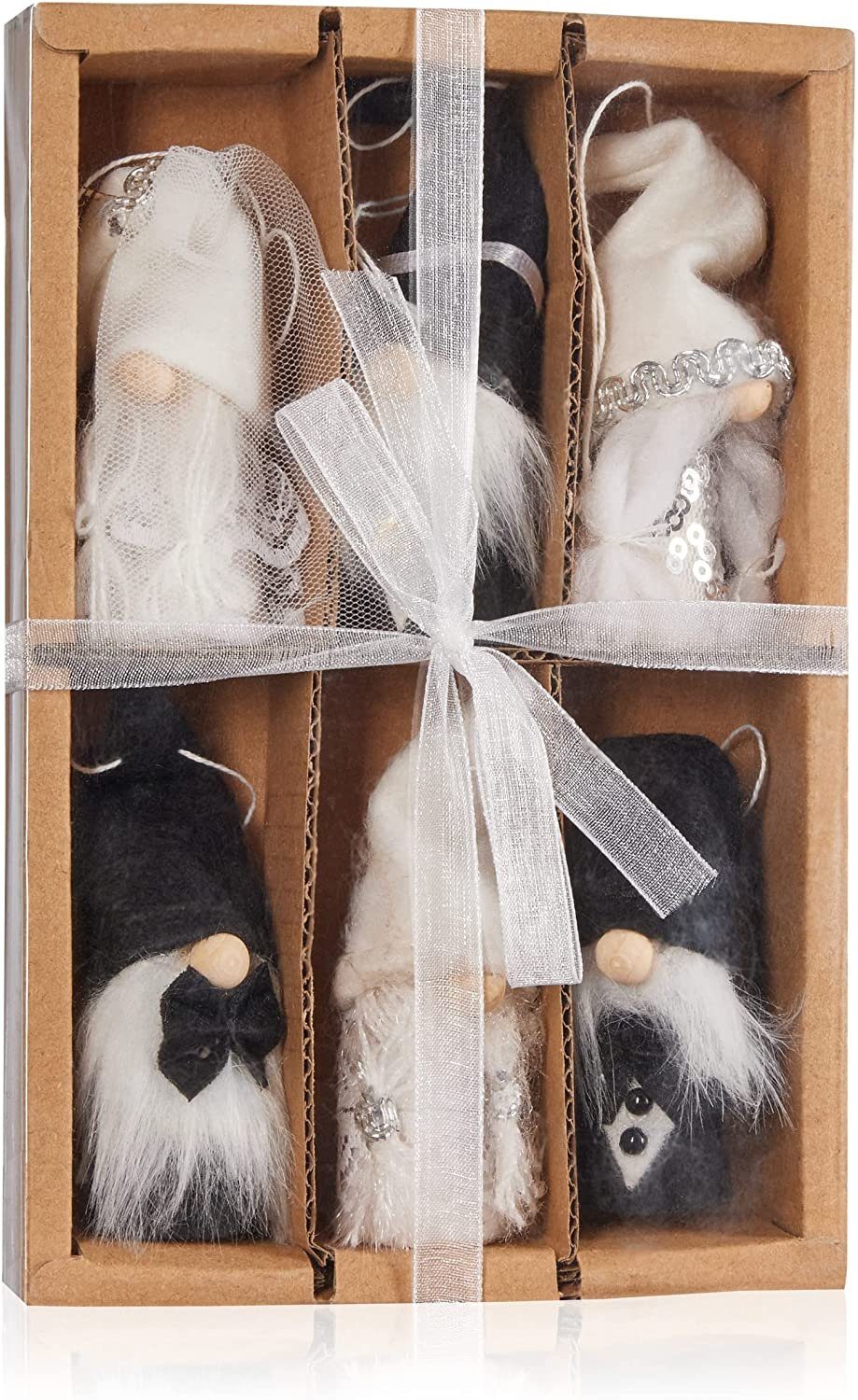 BRUBAKER Dekohänger Dekoanhänger Gnom Hochzeit aus Holz und Strick (Geschenkbox mit 6x Dekoanhänger, 6 St), Hochzeitsdekoration Zwerge in Anzug und Hochzeitskleid Anhänger