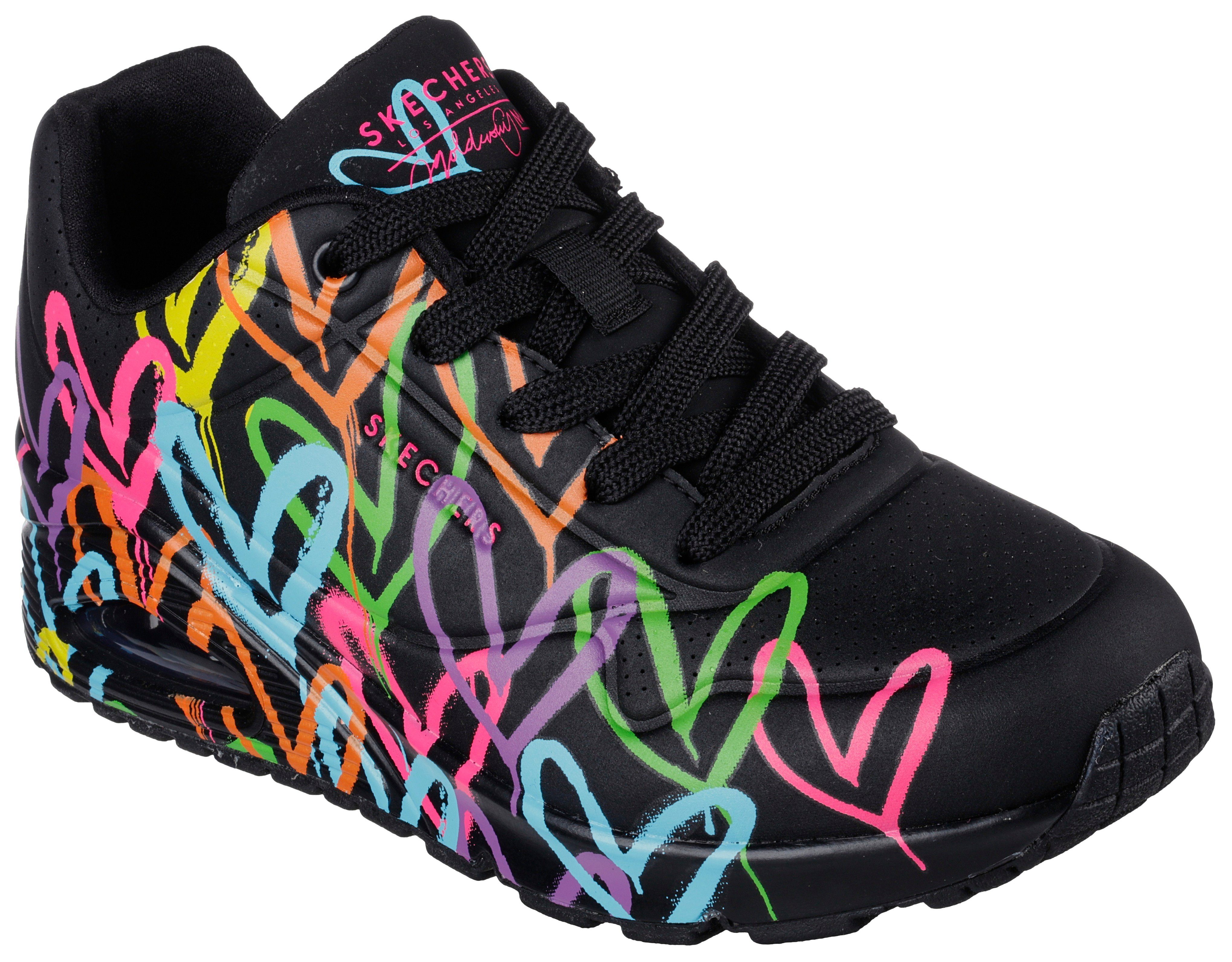 LOVE Sneaker mit farbenfrohen HIGHLIGHT Skechers UNO schwarz-multi - Herzchen-Print