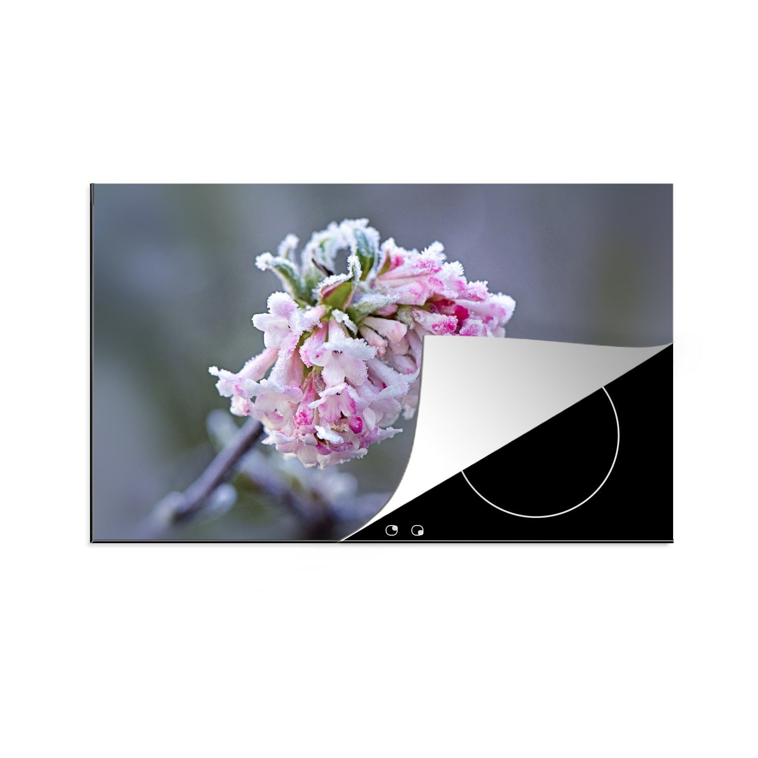 MuchoWow Herdblende-/Abdeckplatte Blumen - Rosa - Gefroren, Vinyl, (1 tlg), 81x52 cm, Induktionskochfeld Schutz für die küche, Ceranfeldabdeckung