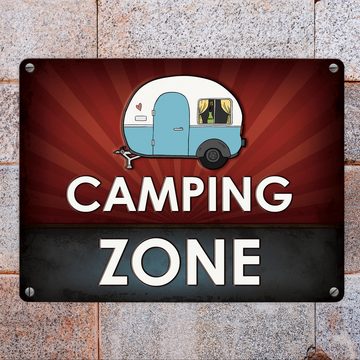 speecheese Metallschild Camping Zone Metallschild in rot mit Wohnwagen Motiv Wohnmobil Urlaub