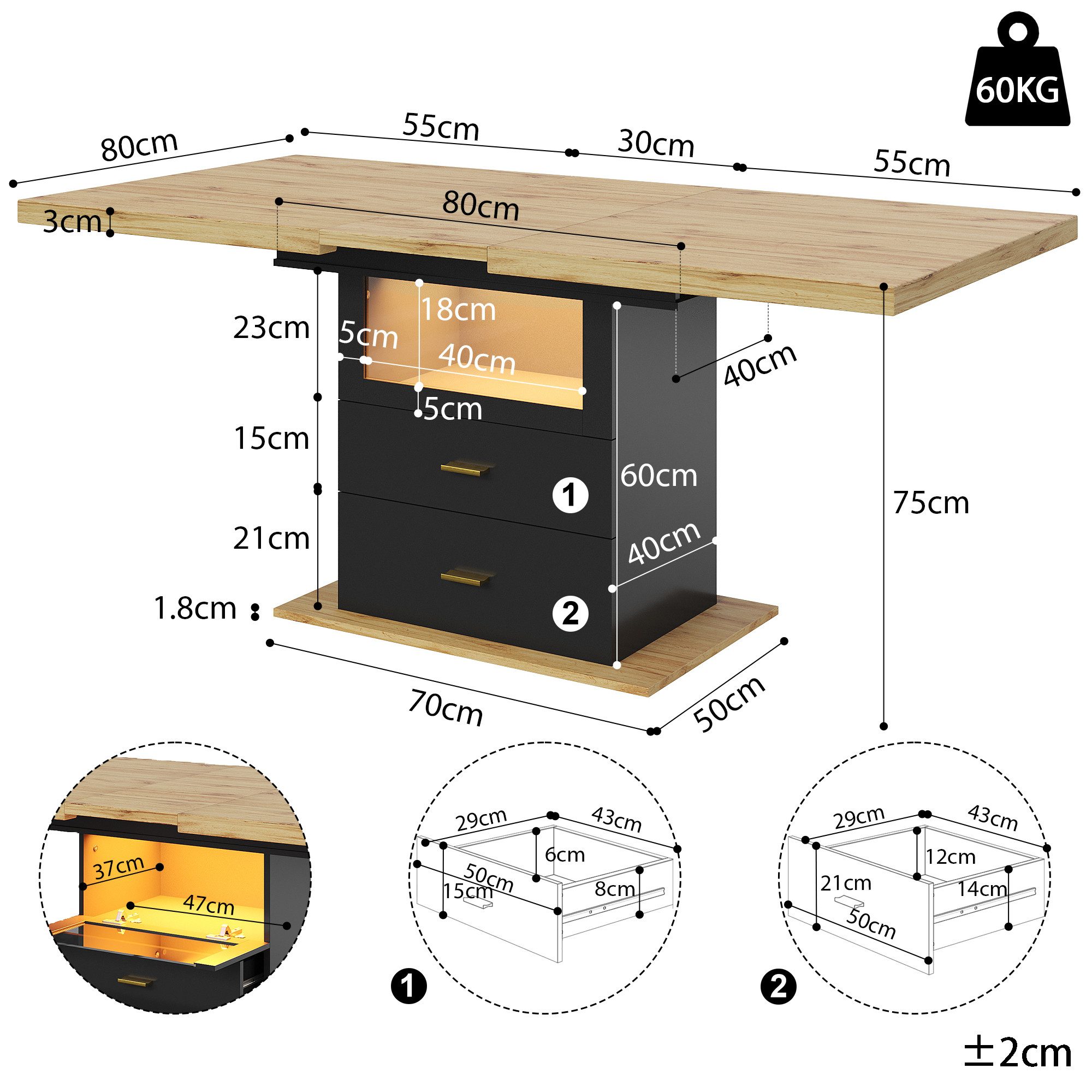 Ulife Esstisch mit LED-Beleuchtung und 2 Schubladen, Platz für bis zu 6 Personen (1-St), Ausziehbarer Küchentisch, 110140 x 80 x 75 cm