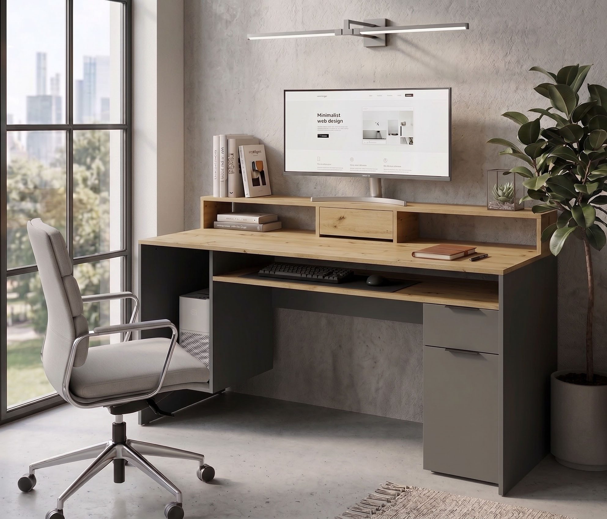 OTTO home Schreibtisch Peooria Computertisch mit Monitoraufsatz & Towerfach, viel Stauraum, Büroschreibtisch, Gamingtisch mit Schublade, modern, Breite 160 cm