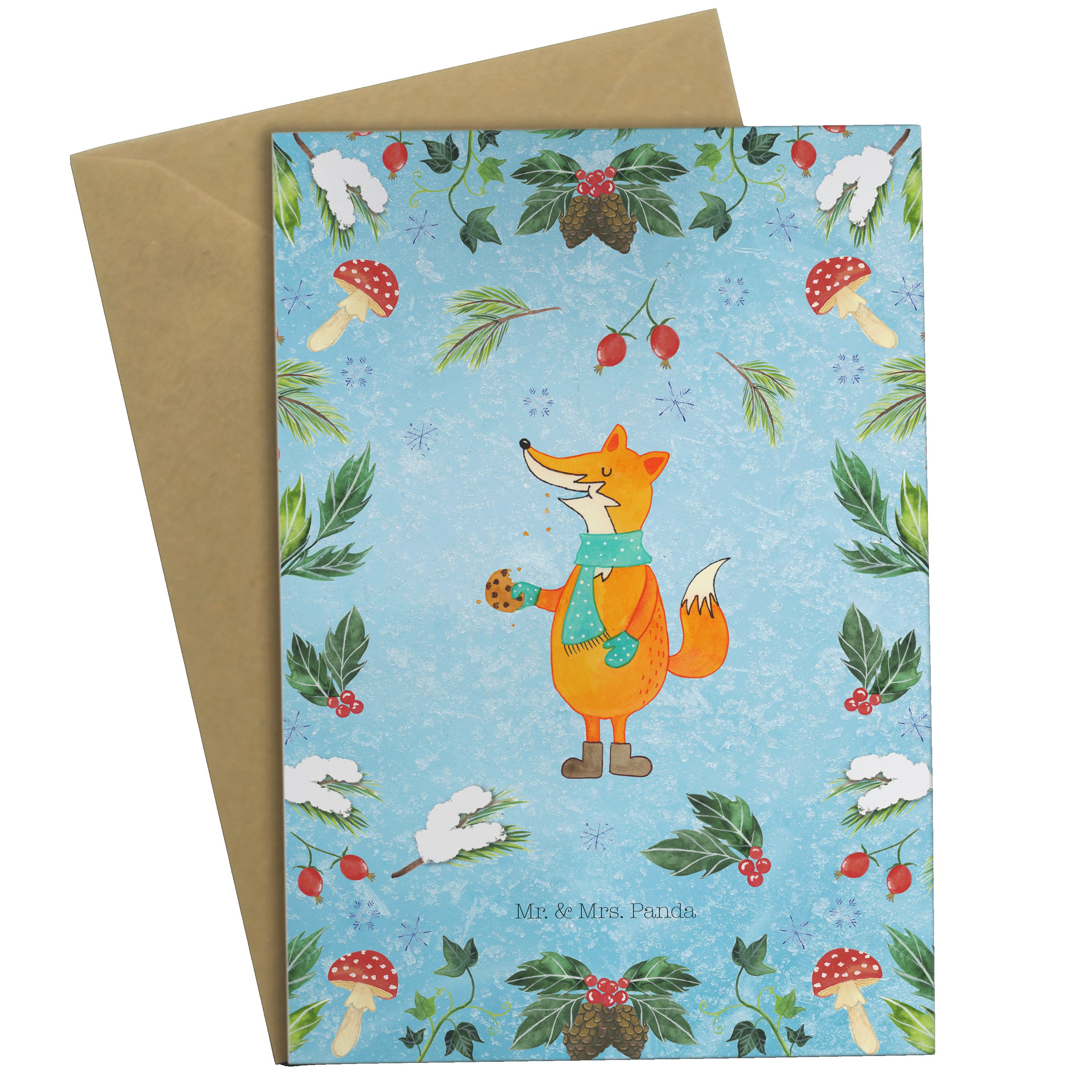 Mr. & Mrs. Panda Grußkarte Fuchs Keksdose - Eisblau - Geschenk, Einladungskarte, Weihnachtsdeko