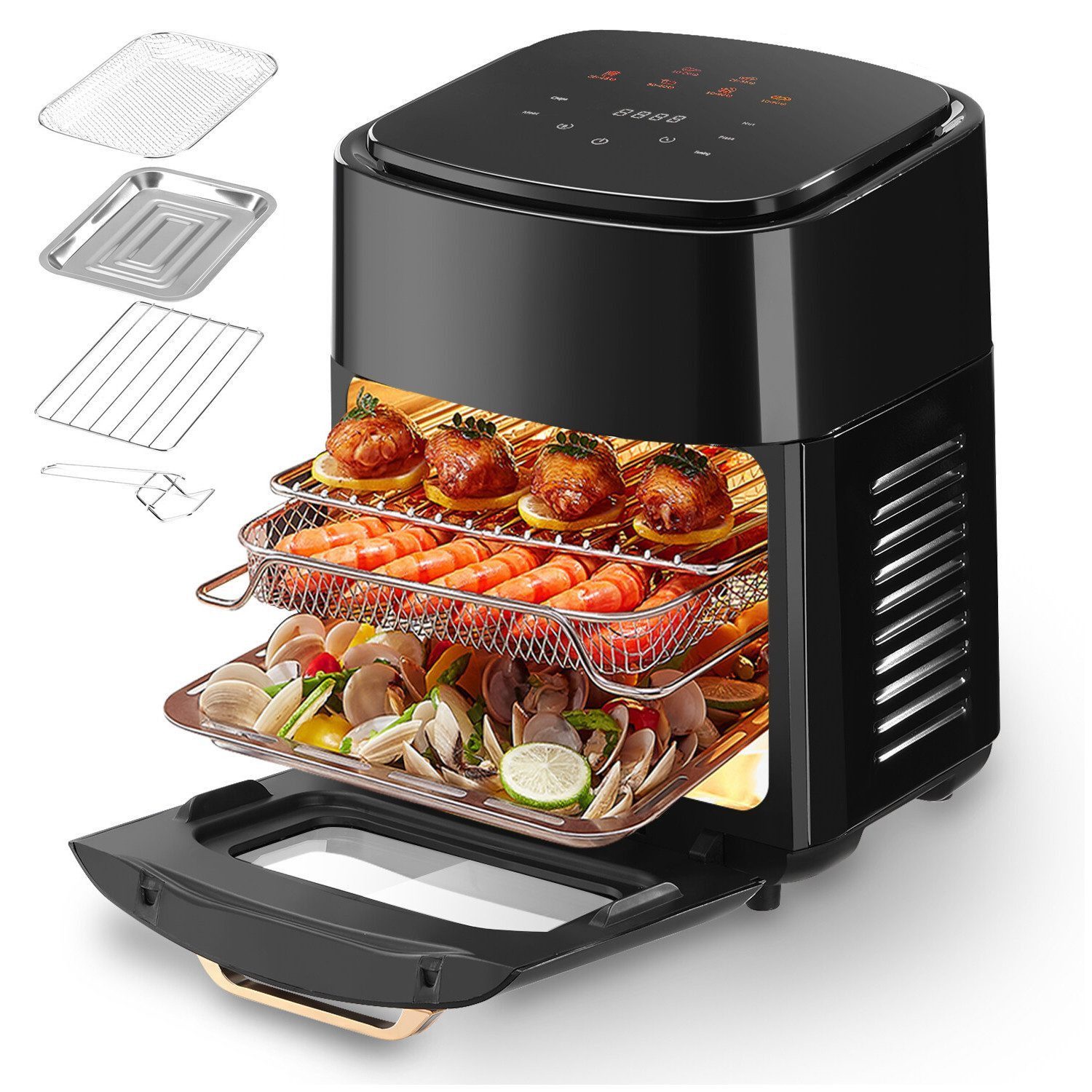 oyajia Minibackofen Heißluftfritteuse Airfryer 15 Liter, Edelstahl Mini Backofen, Umluft Heissluftfritteuse, Backofen, Grill, Dörrautomat, ohne Öl