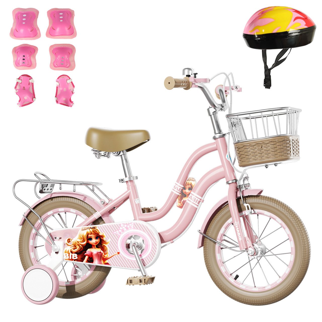 Habib Gruppe Kinderfahrrad Mädchenfahrrad Klassik 12 14 16 Zoll – Helm, Schutzset & Pumpe, Kinderfahrrad Mädchen ab 3 Jahre im Retro-Look mit Korb