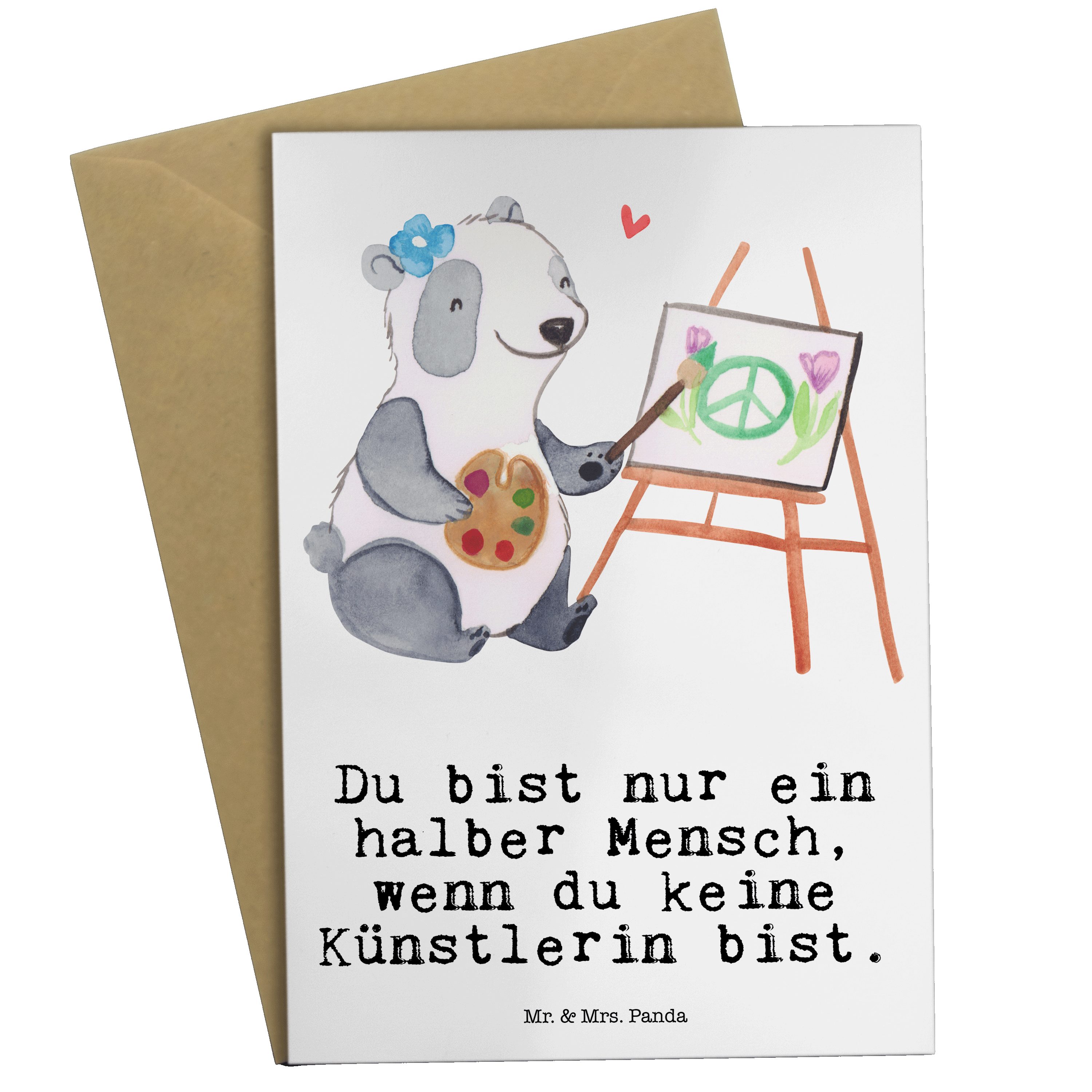 Mr. & Mrs. Panda Grußkarte Künstlerin mit Herz - Weiß - Geschenk, Klappkarte, Malerin, Glückwuns