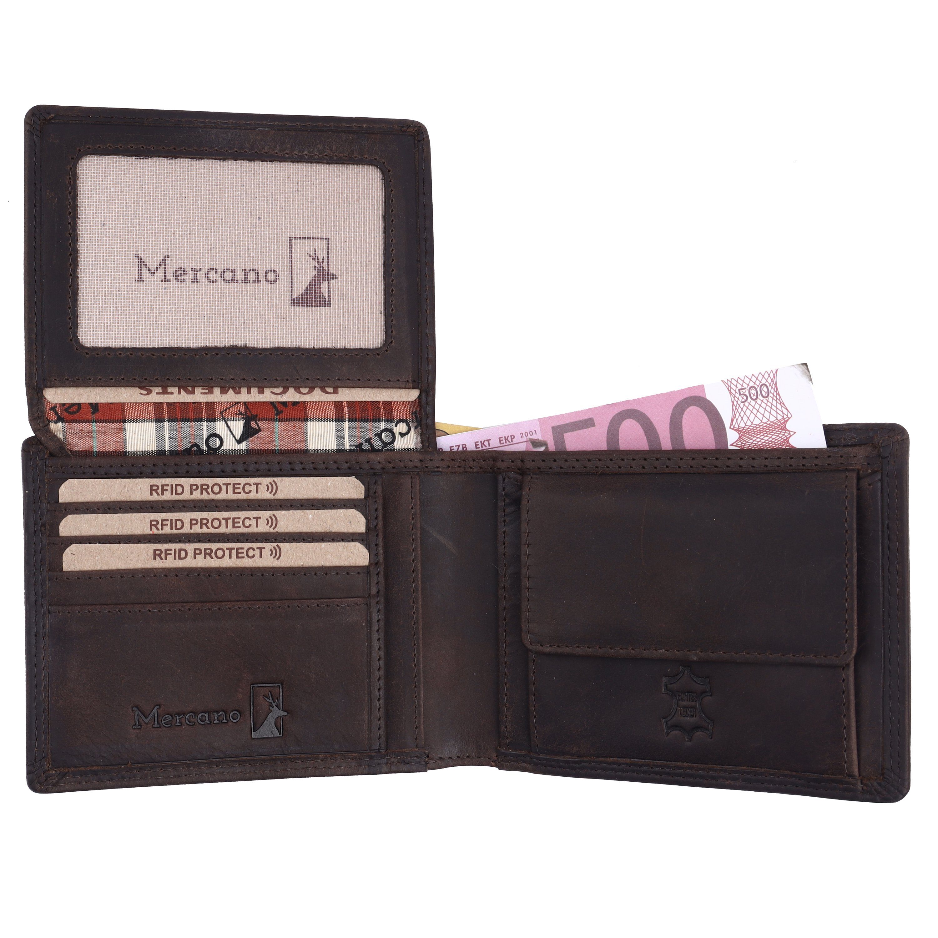 Doppelnaht, Mercano dunkelbraune RFID-Schutz Leder Herren, Geldbörse aus für Vintage 100% & inkl. Geschenkbox mit