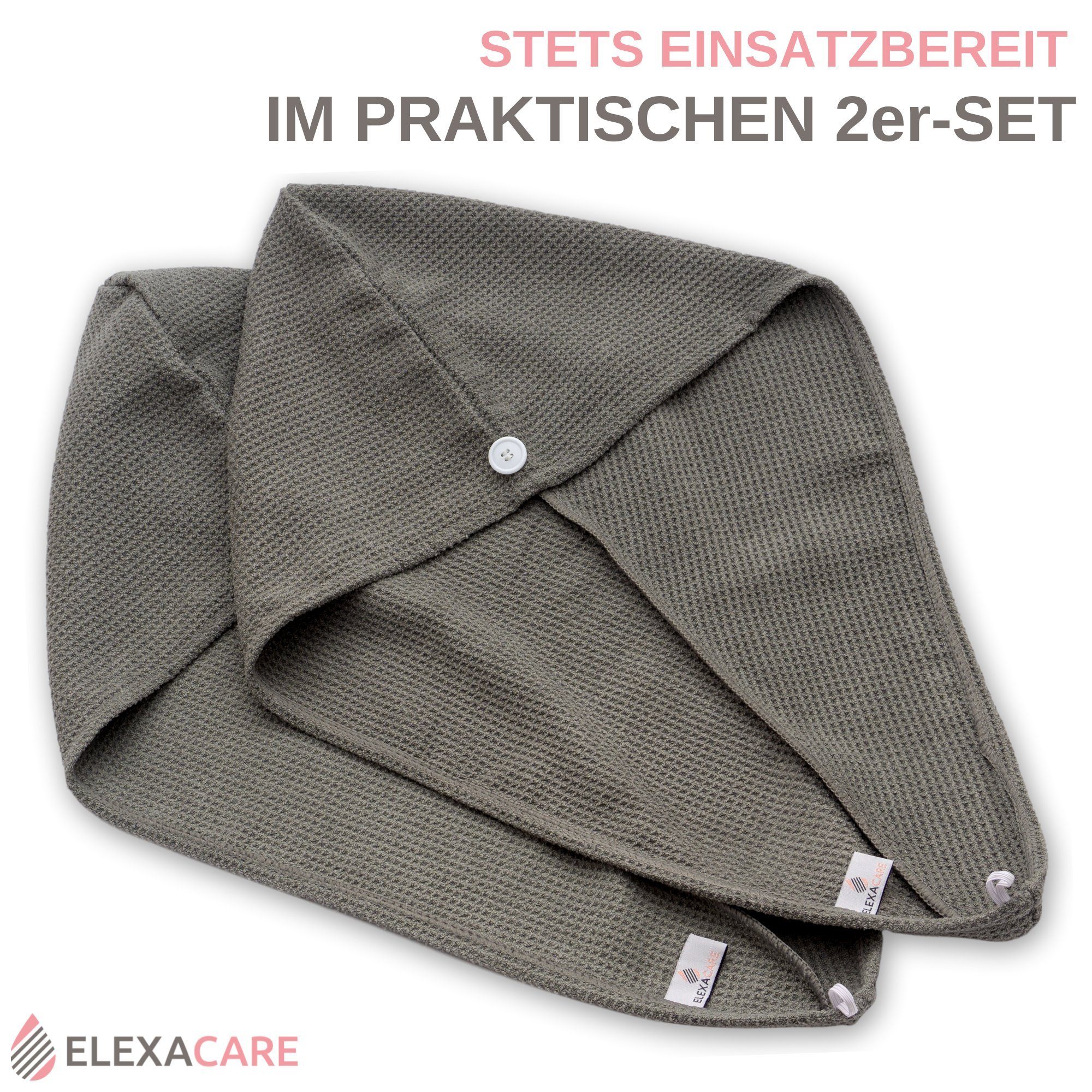 ELEXACARE Turban-Handtuch Haarturban mit Knopf, Mikrofaser (2-St), Turbanhandtuch mit Knopf und Schlaufe – Bild 3 von 5