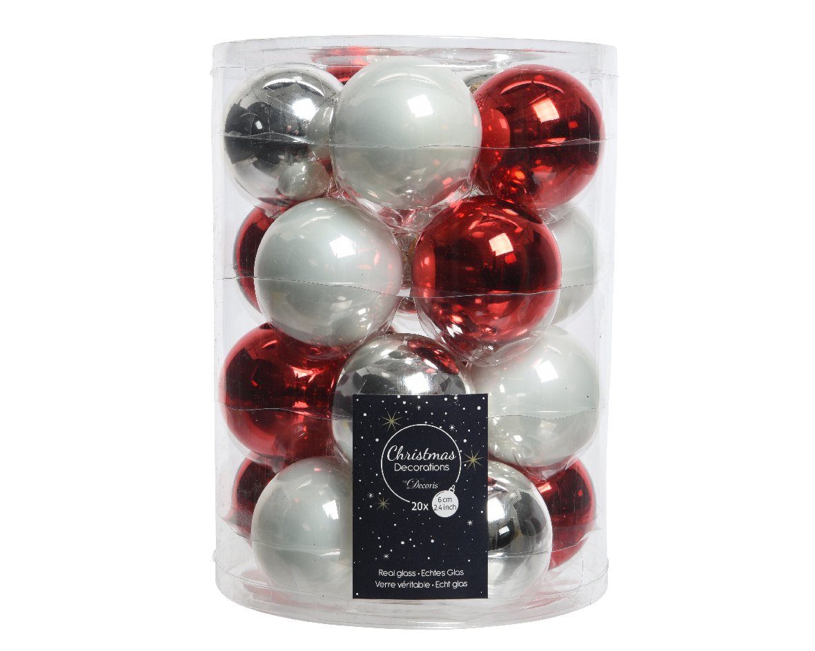 Decoris season decorations Weihnachtsbaumkugel, Weihnachtskugeln Glas 6cm x 20 Stück - Rot / Silber / Weiß Mix