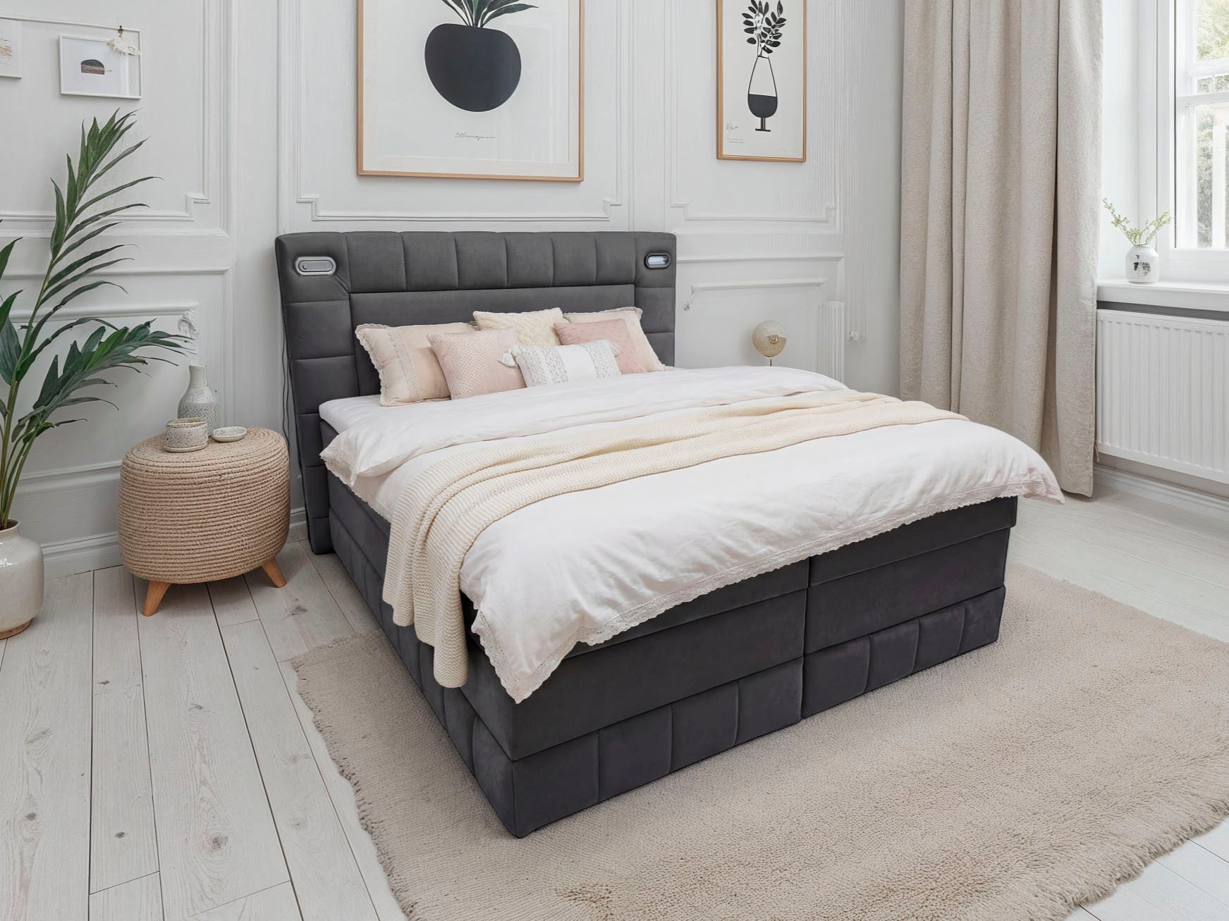 OTTO home Boxbett PHILIPPA, Polsterbett mit Bettkasten, mit Taschenfederkernmatratze H3 (Komfortliegehöhe: 64cm), mit Kaltschaum-Topper, Microfaser-Bezug, wahlweise mit LED-Beleuchtung