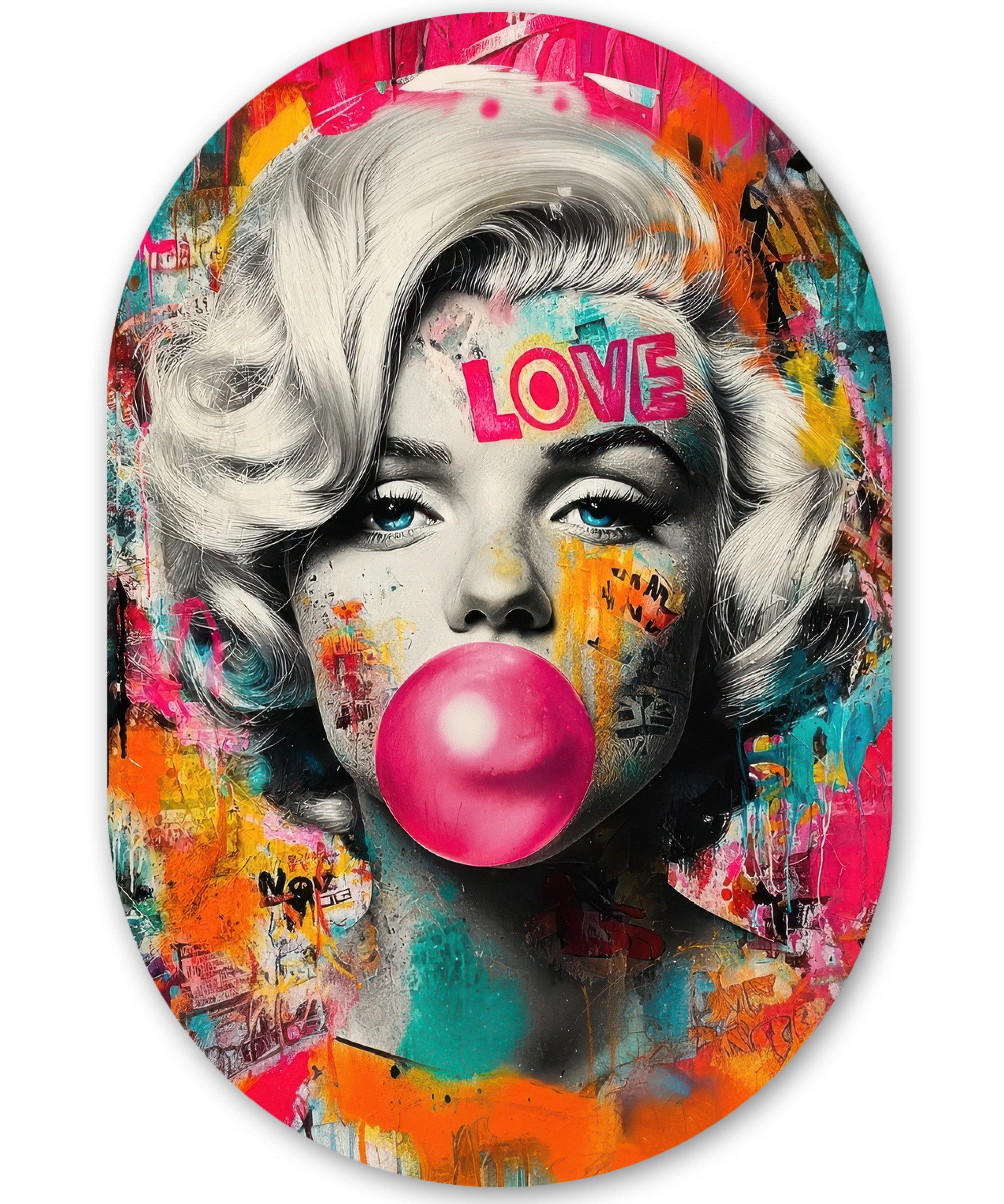 MuchoWow Картина Frau - Kaugummi - Graffiti - Neonfarben, Fotodruck (1 St), Wandbild Oval, Wohnzimmer oder Schlafzimmer Wanddekoration, 40x60 cm