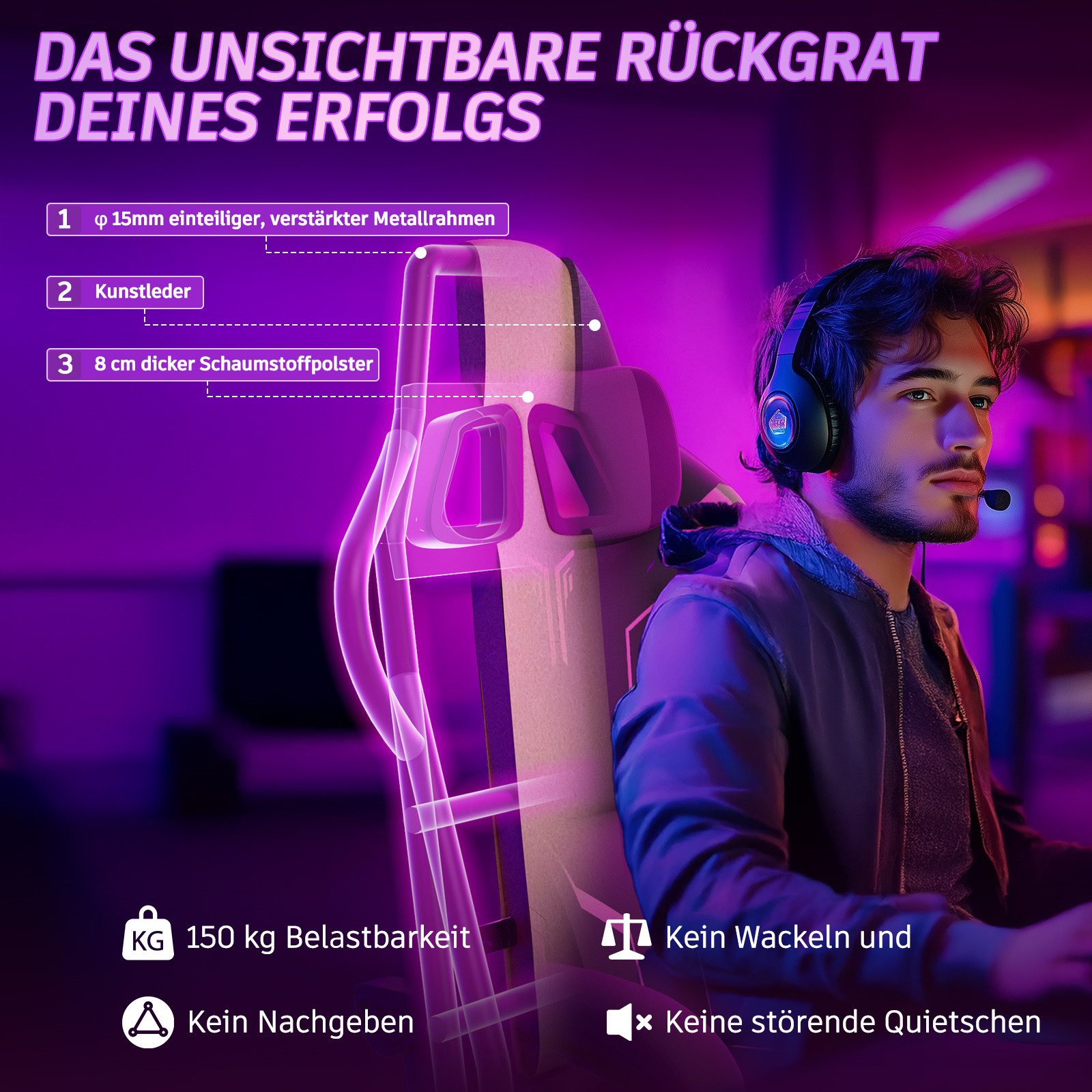 Ferghana Gaming-Stuhl mit Massagefunktion Gaming Chair mit Fußstütze und Kopfkissen (bis zu 135° Neigbar 150 kg Belastbarkeit), Gaming Sessel Rückenlehne