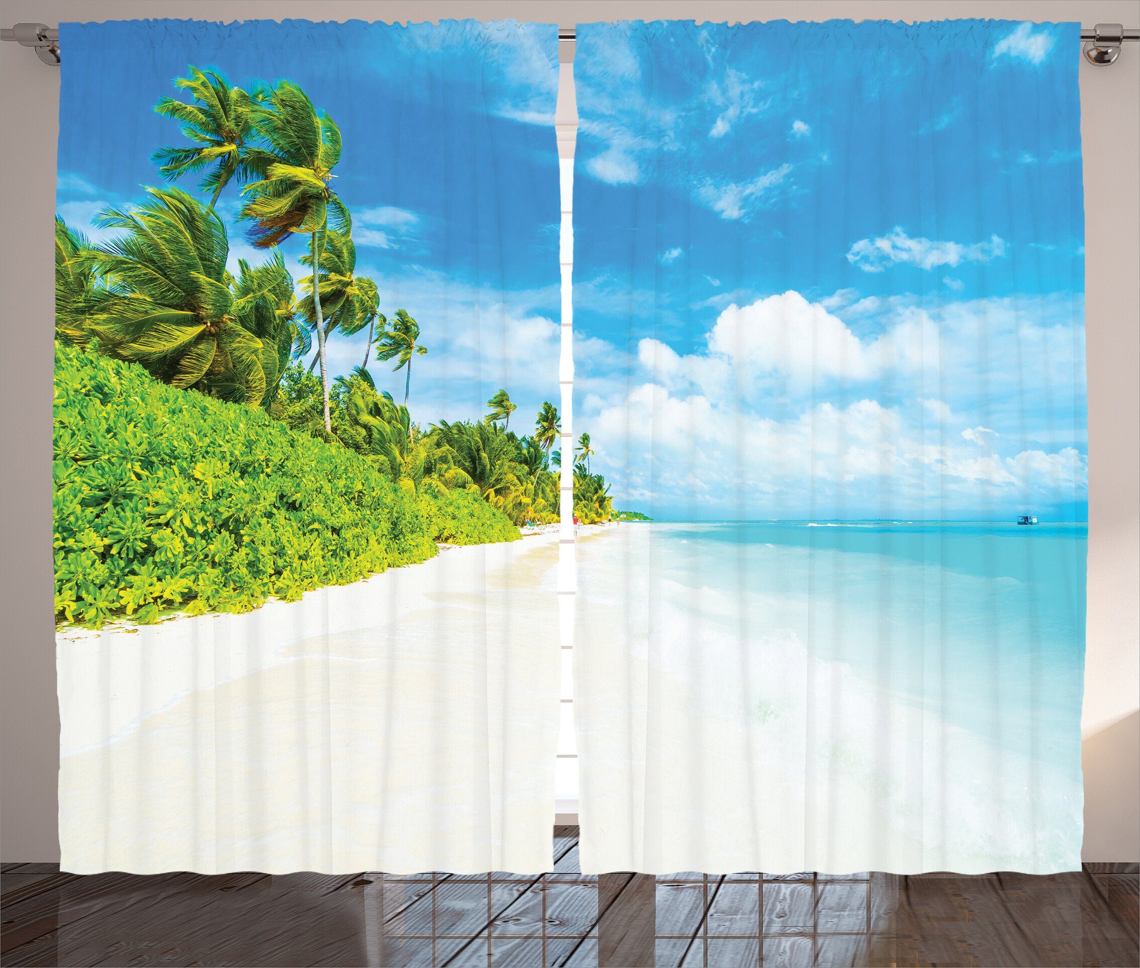 Gardine Schlafzimmer Kräuselband Vorhang mit Schlaufen und Haken, Abakuhaus, Ozean Strand Meer Exotische Palmen