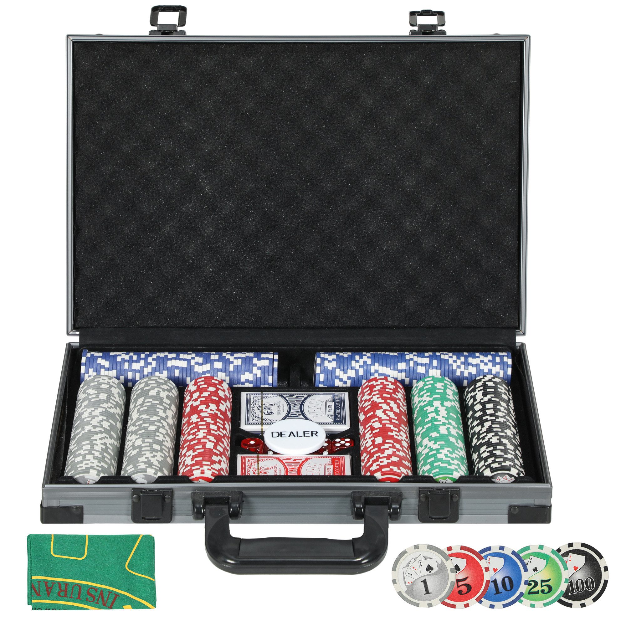 SPORTNOW Spiel Pokerkoffer Pokerset, Poker Komplett Set, Poker, mit 400 Chips, 11,5 Gramm, 2 Kartendecks, 5 Würfeln, Dealer-Scheibe