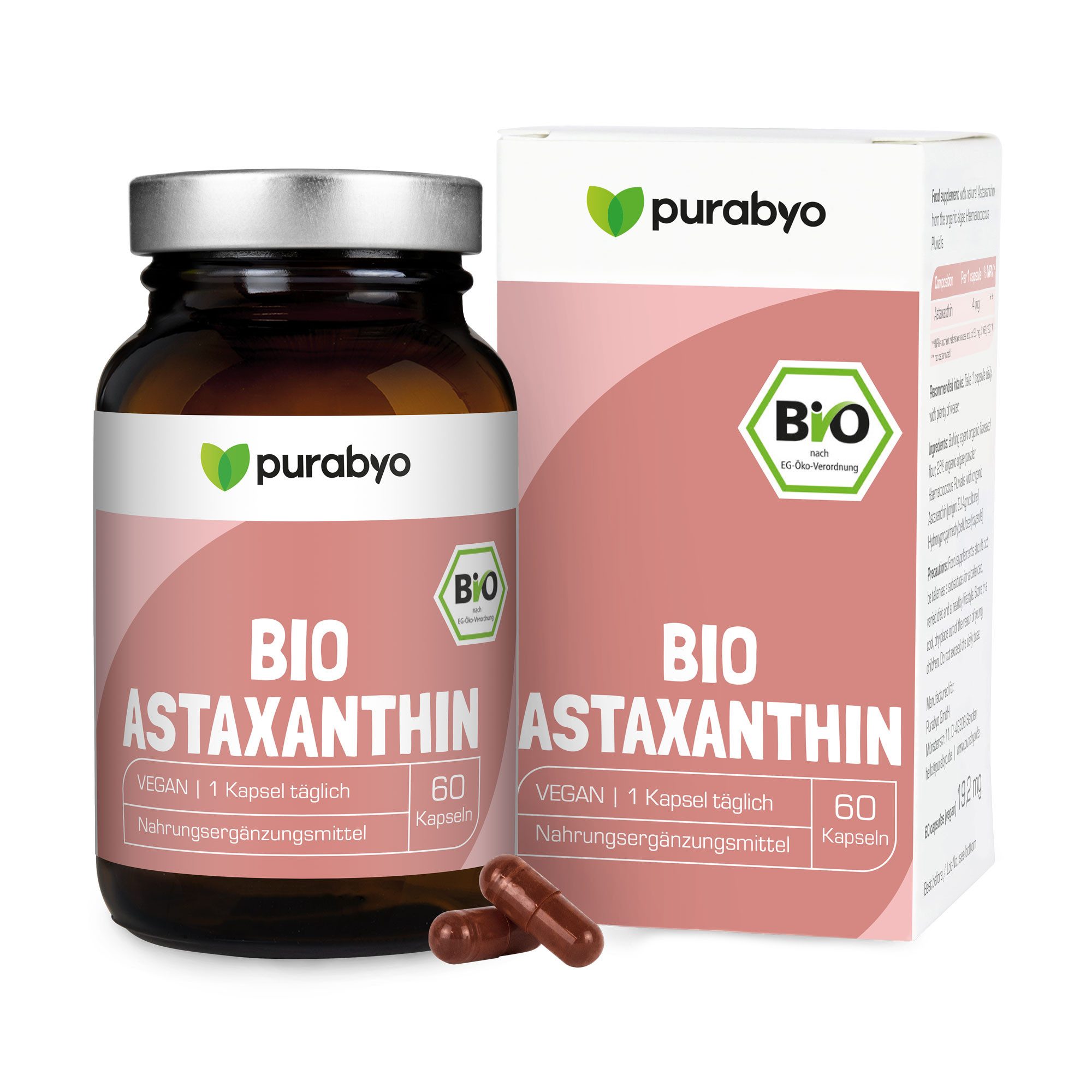 Purabyo BIO Astaxanthin Kapseln, Mikroalge, Bio-EU-Landwirtschaft, im Glas Kapseln, 60 St., 25 g