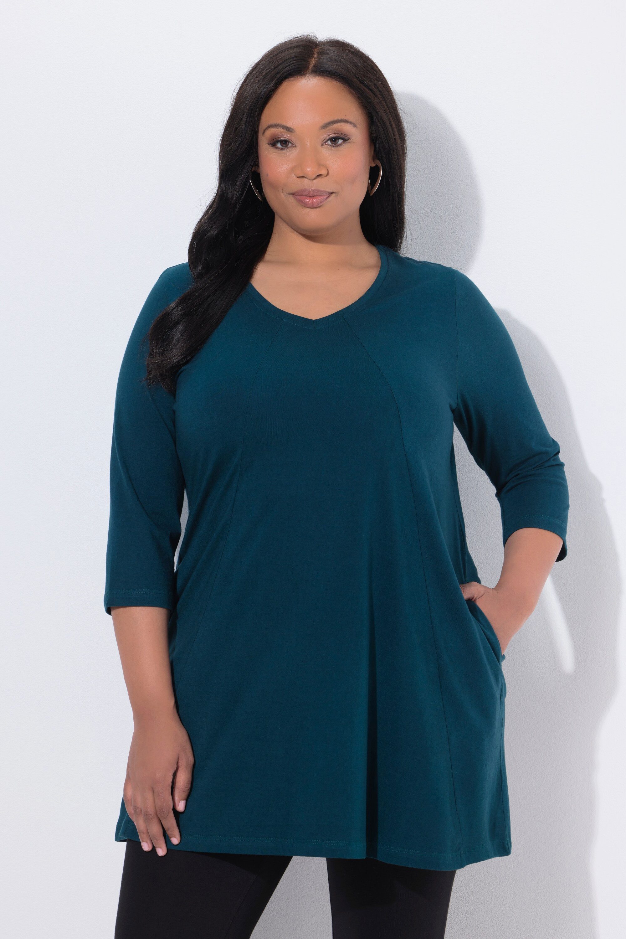Longshirt Longshirt Ziernähte A-Linie V-Ausschnitt 3/4-Arm