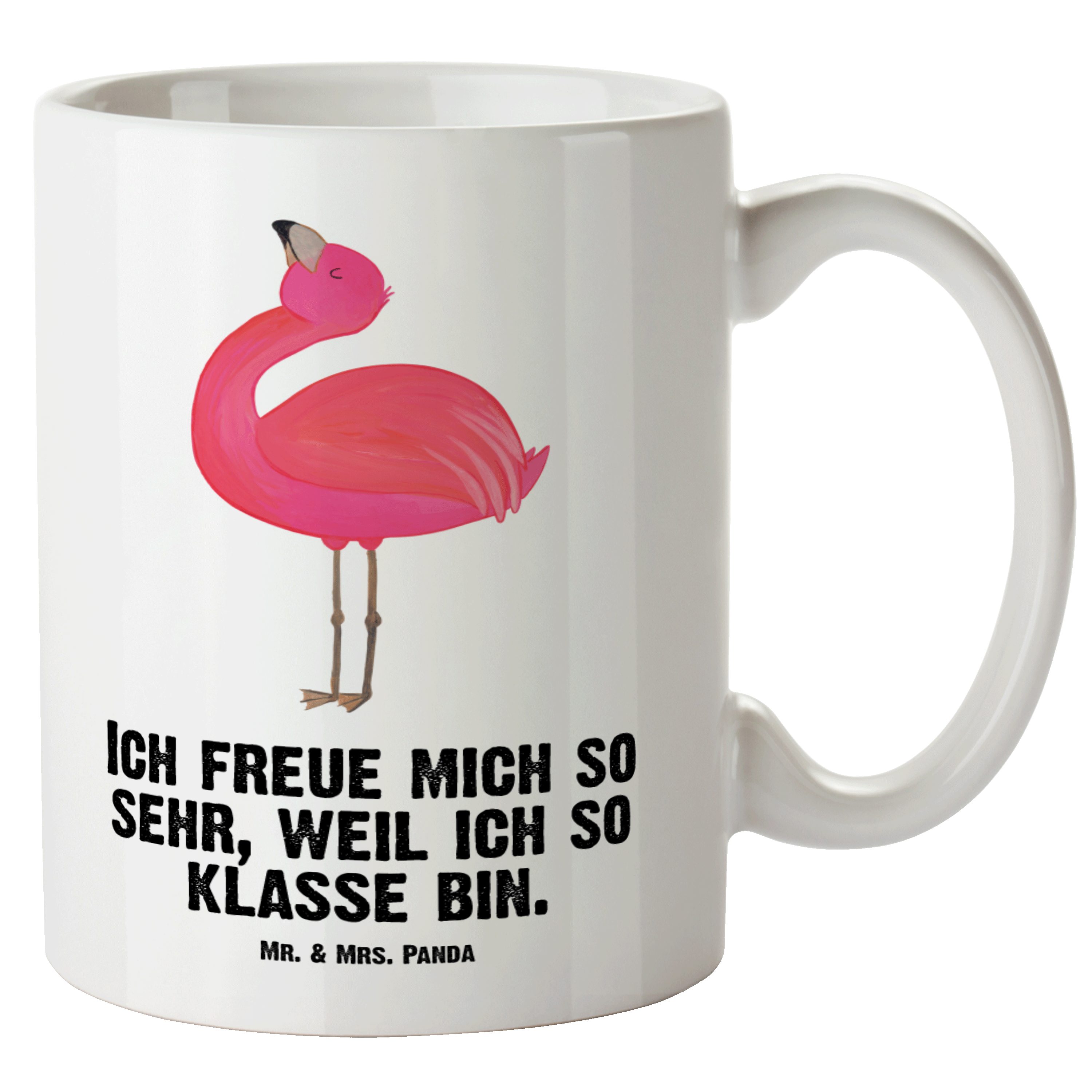 Mr. & Mrs. Panda Tasse Flamingo stolz - Weiß - Geschenk, XL Becher, spülmaschinenfest, Mama, XL Tasse Keramik