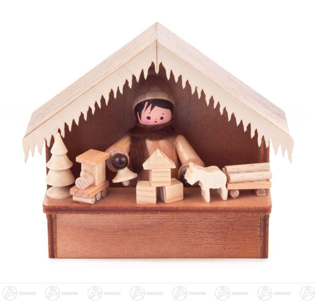 Dregeno Erzgebirge Weihnachtsfigur Weihnachtliche Miniatur Weihnachtsmarktbude Spielwaren Höhe ca 7,5 c, Verkaufsstand mit Ware