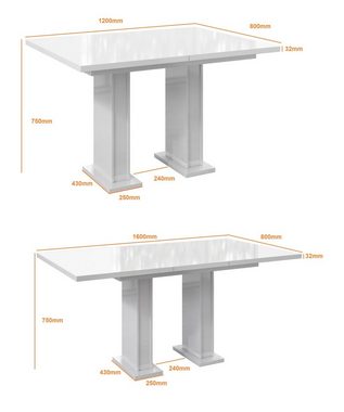 designimpex Esstisch Design Tisch PA-333 Weiß Hochglanz ausziehbar 120-160 cm Esszimmer