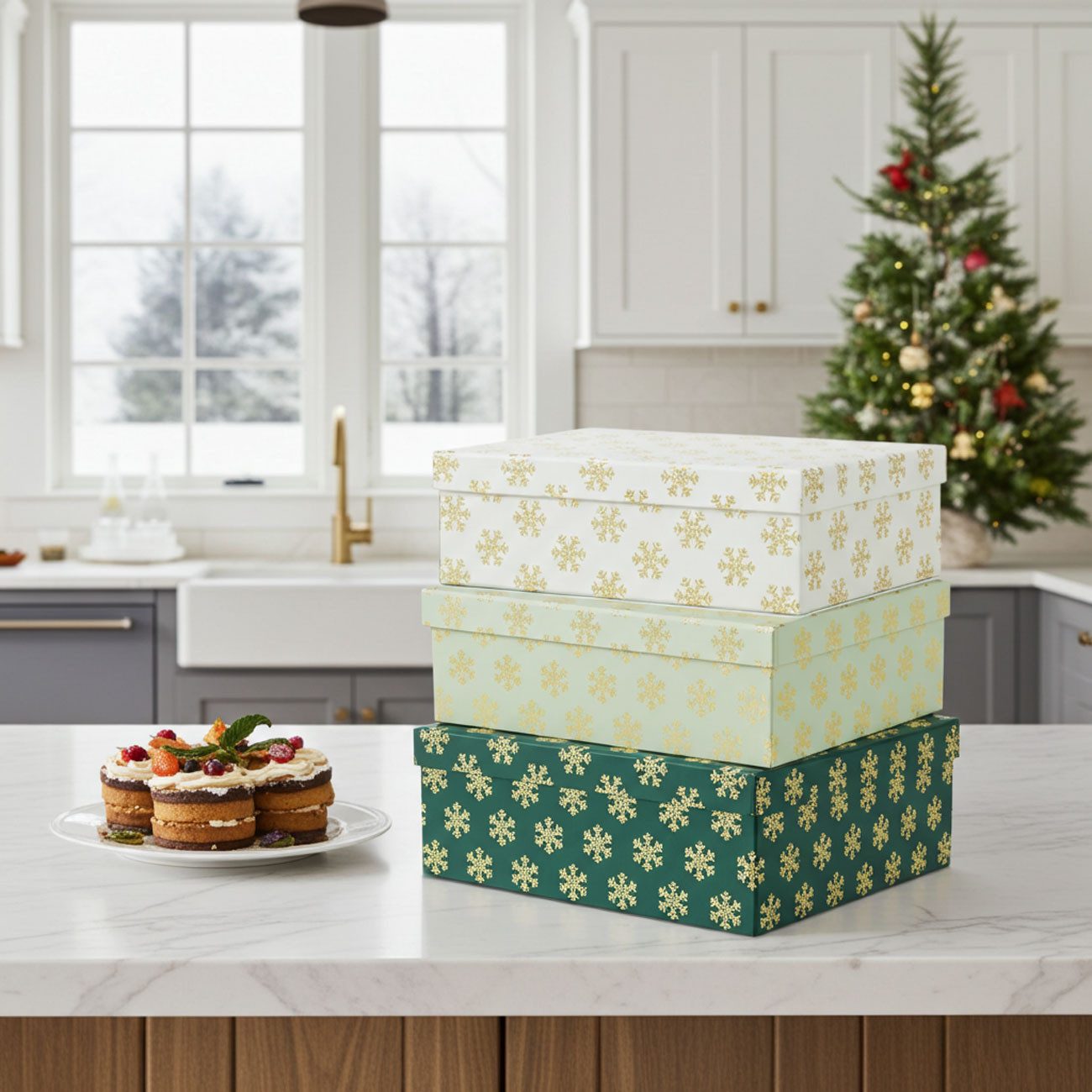 ROGITO elite Geschenkbox Geschenkboxen 36x29x11cm Schneeflocken Weihnachtsbox 3er-Set (3 St., 3er-Set), 3 Geschenkboxen inklusive Deckel