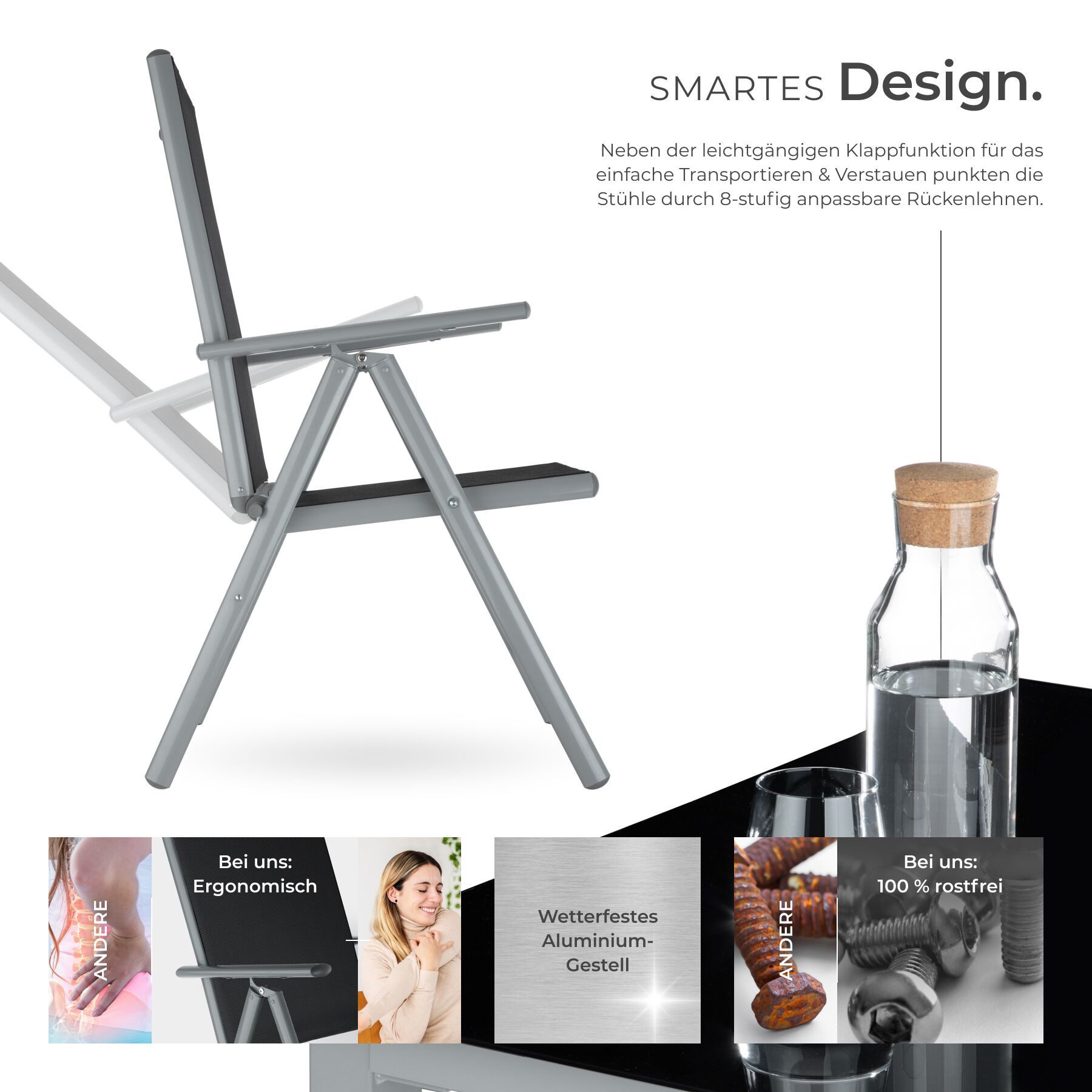 tectake Essgruppe Aluminium Sitzgruppe, (Set., 9-tlg), Klappbare, platzsparende und komfortable Sitzstühle