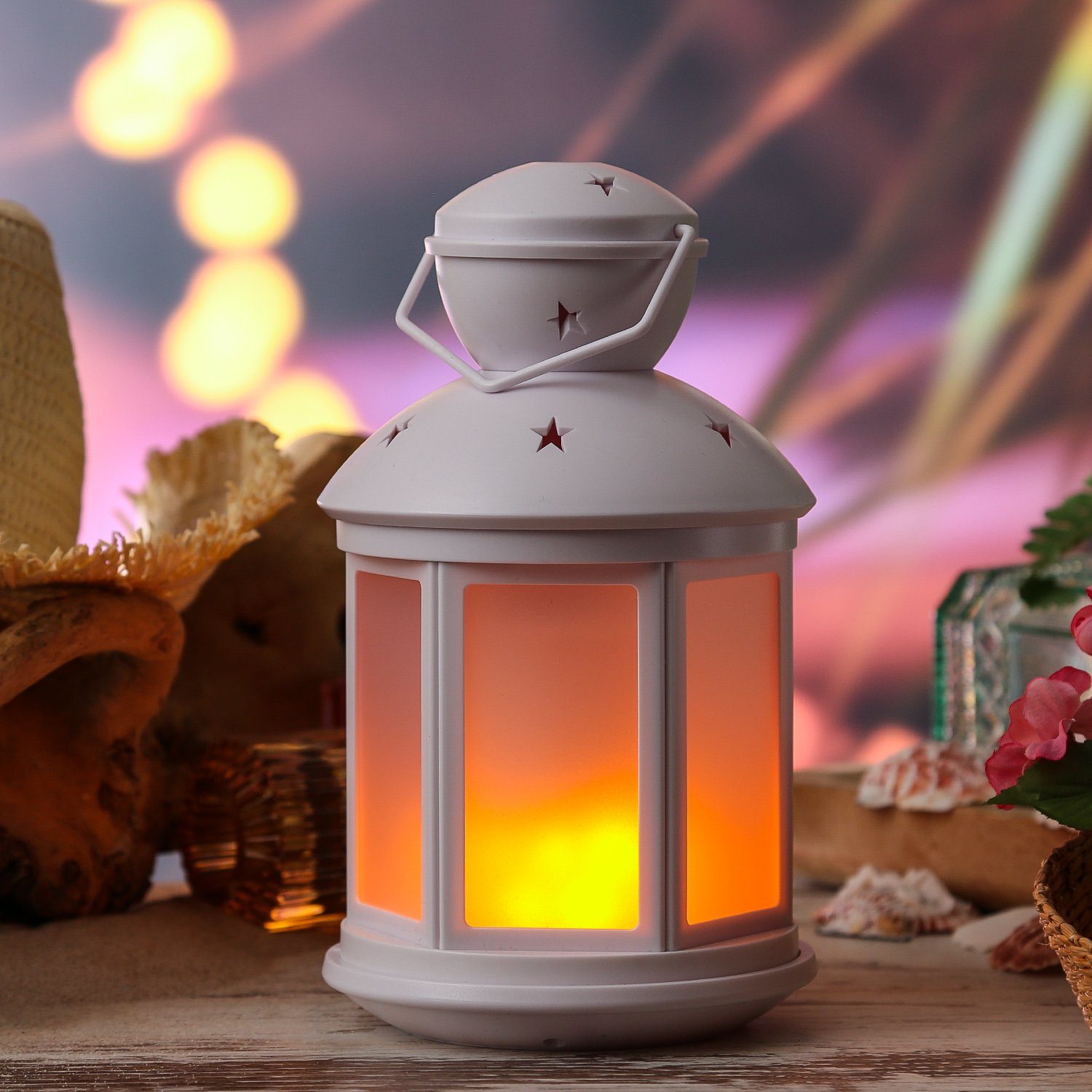 Dekolaterne LED MARELIDA amber LED flackernd 22cm mit Laterne weiß, Classic, LED Laterne Flammeneffekt