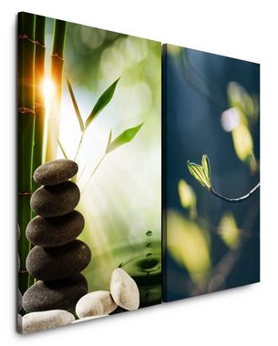 Sinus Art Leinwandbild 2 Bilder je 60x90cm Asien Bambus Steine Achtsamkeit Stille warmes Licht positive Energie