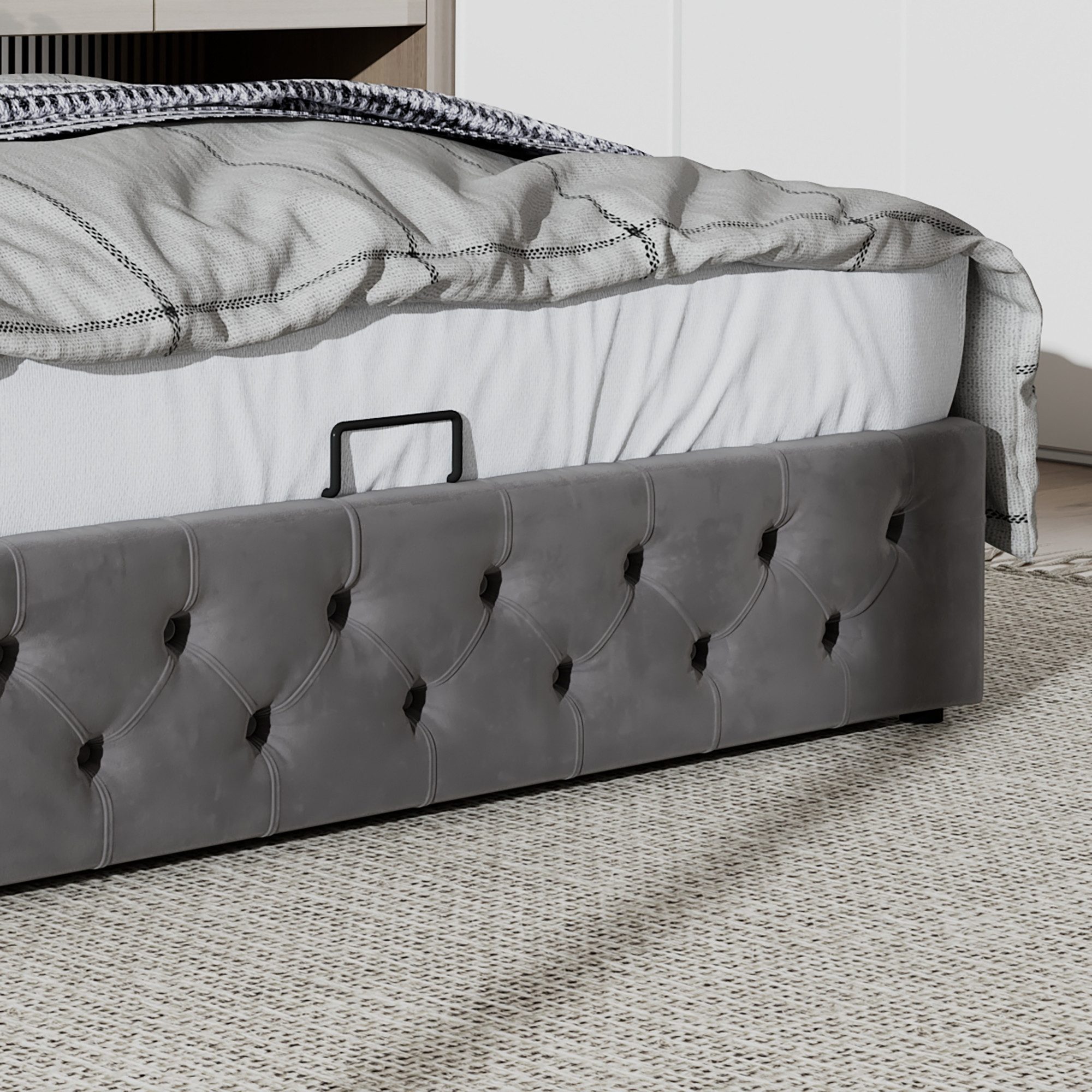 MODFU Polsterbett Doppelbett mit Bettkasten gepolstertem Kopfteil (Bettunterseite ist mit schmutzabweisenden schwarzen Vliesstoff, Grau, Bettunterseite ist mit  – Bild 4 von 5