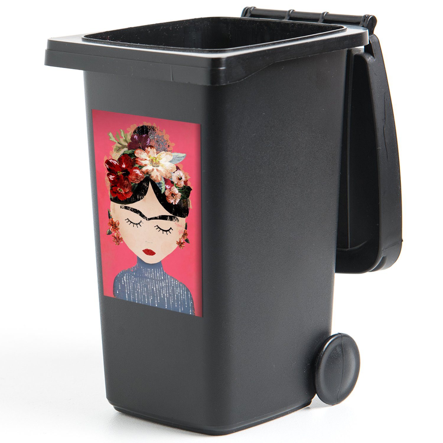 MuchoWow Wandsticker Frida - Abfalbehälter Frau - Container, - Vintage Kahlo Kunst (1 Sticker, Mülltonne, St), Blumen Mülleimer-aufkleber, 