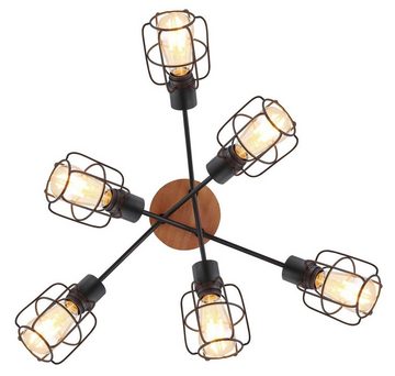 Globo Deckenleuchte WILLA, 6-flammig, Schwarz, Metall, Holz, Ø 78,5 cm, ohne Leuchtmittel, Gittergeflecht-Schirme, Deckenspots