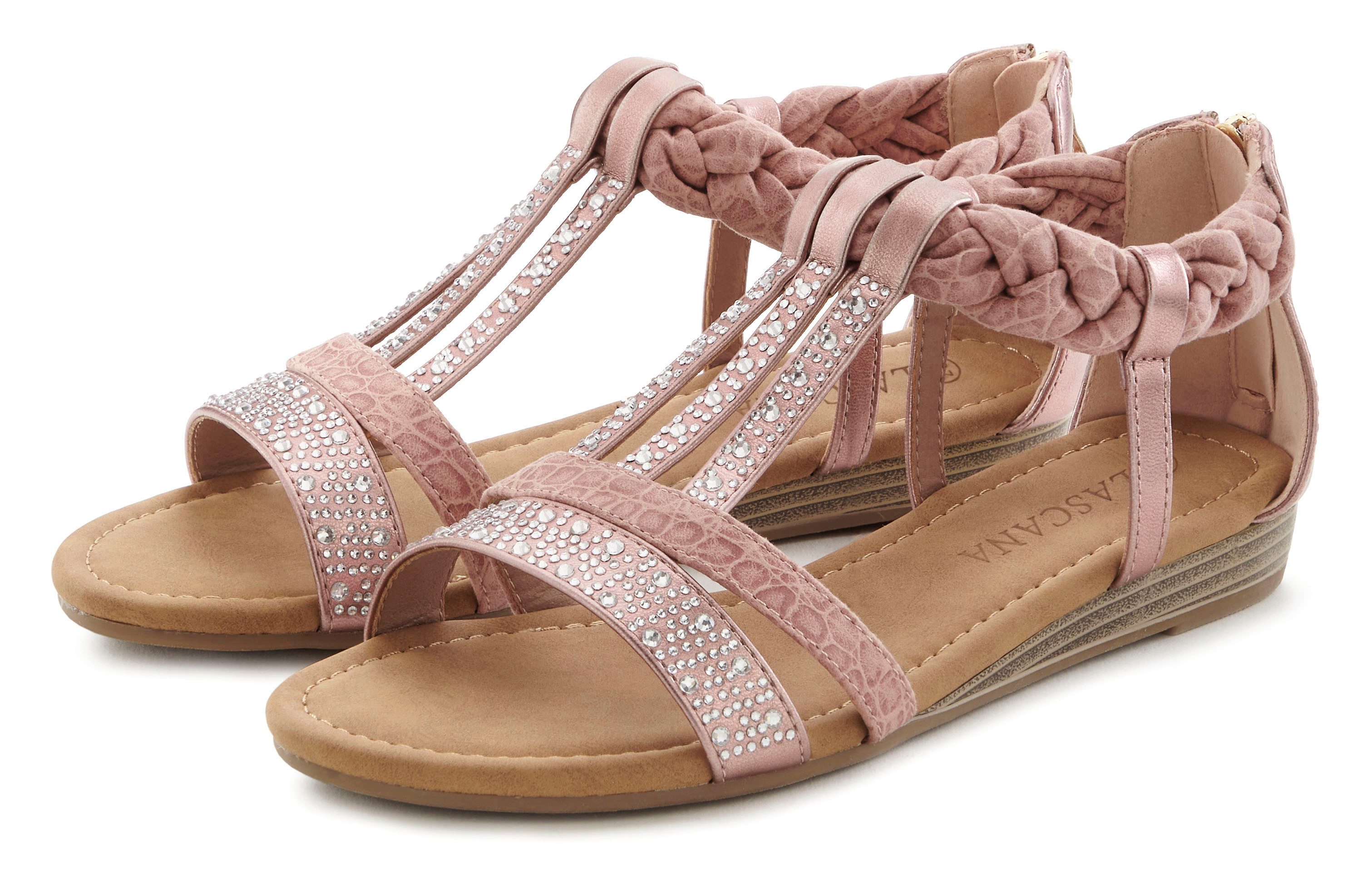 LASCANA Sommerschuh, Sandalette Sandale mit Glitzersteinen und kleinem Keilabsatz im Festival-Look VEGAN