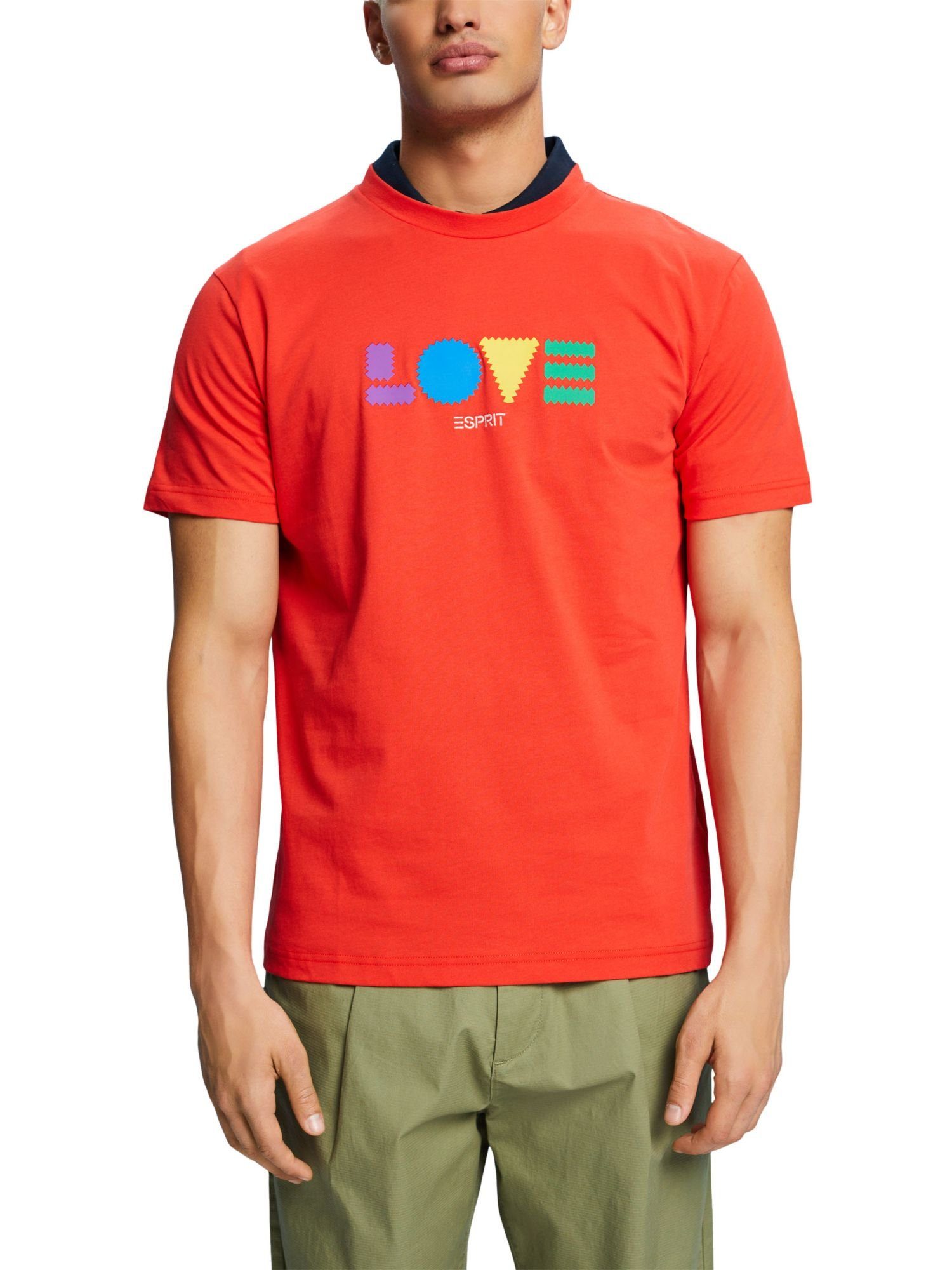 Bio-Baumwolle mit ORANGE T-Shirt Esprit Print geometrischem RED T-Shirt (1-tlg) aus
