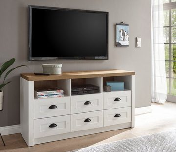 Furn.Design Lowboard Seyne (TV Unterschrank in Pinie weiß und Eiche hell, 130 x 68 cm), Komforthöhe, mit 6 Schubladen