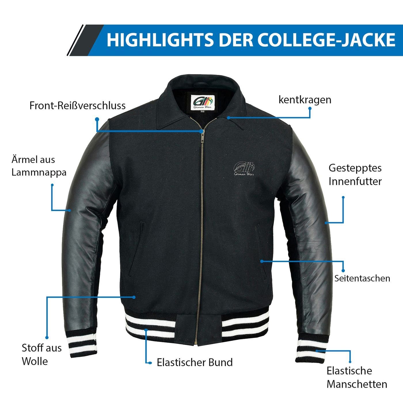 Collegejacke Lederärmel Wear Schwarz Collegejacke Wolljacke Blouson German CJ003