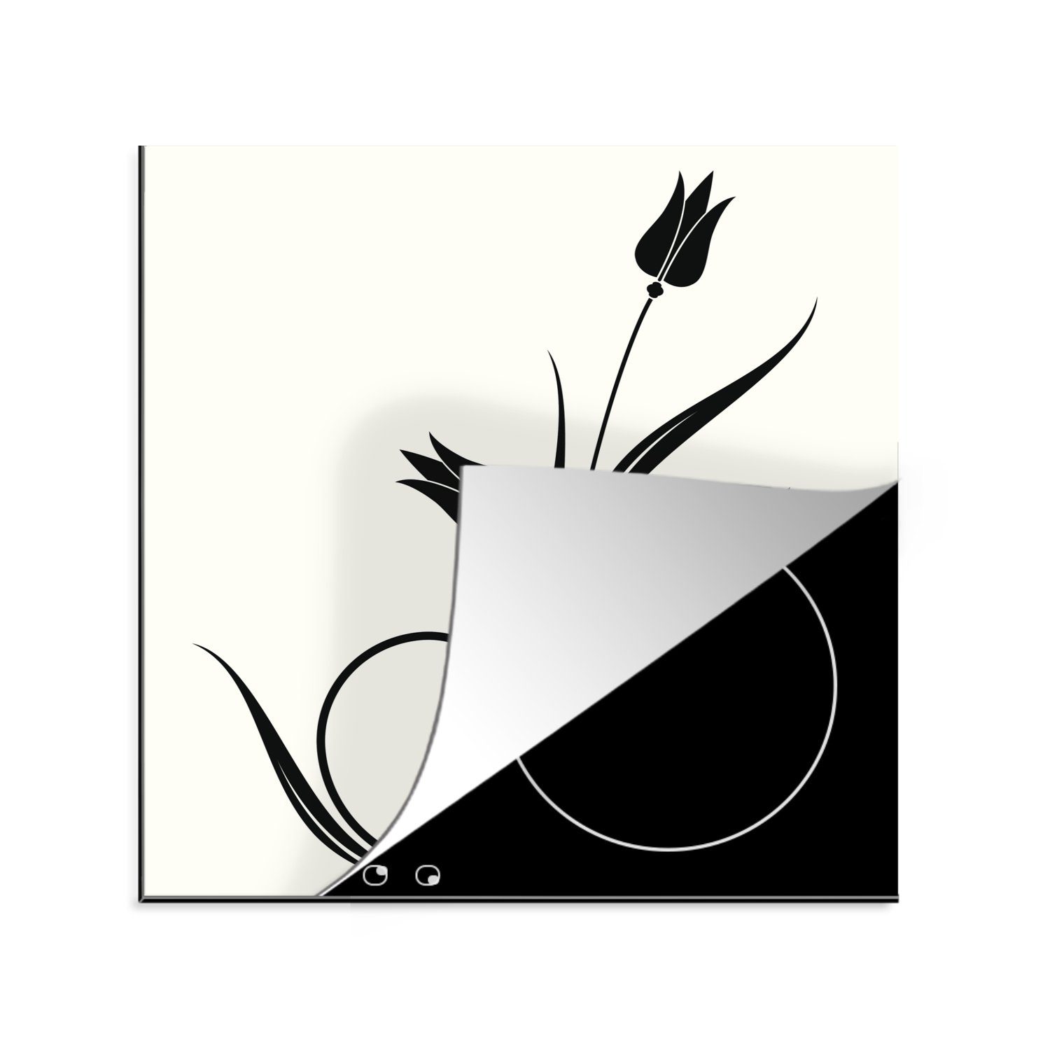 MuchoWow Herdblende-/Abdeckplatte Eine Illustration von schwarzen Tulpen auf einem weißen Hintergrund, Vinyl, (1 tlg), 78x78 cm, Ceranfeldabdeckung, Arbeitsplatte für küche