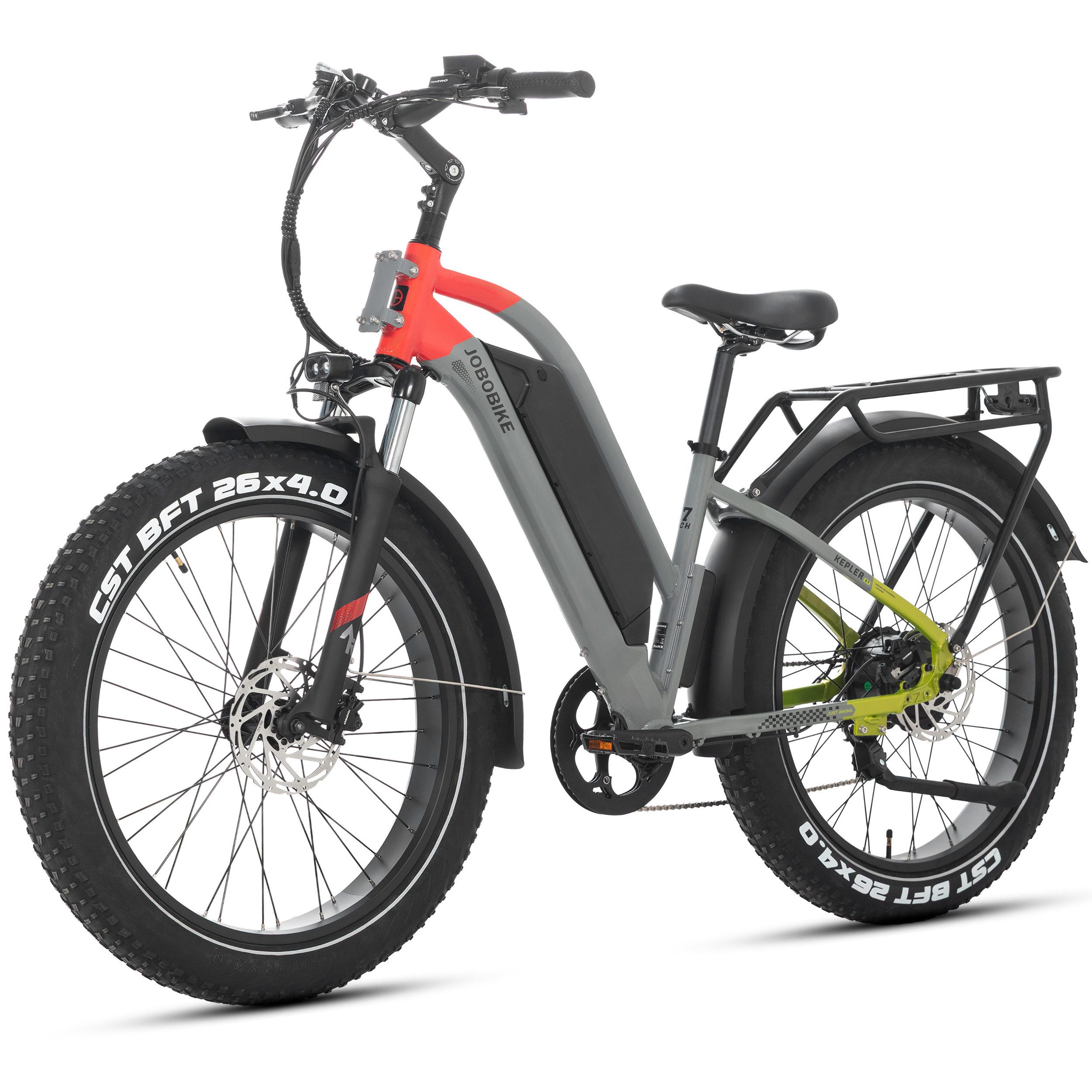 JOBOBIKE E-Bike Mountainbike 26 Zoll, Kepler, bis zu 180km, Bremslicht und Blinker, Fatbike, MTB, 7 Gang Shimano, Kettenschaltung, Heckmotor, 960 Wh, (Bafang-Hinterradmotor, Aluminiumrahmen, 4,0 Zoll CST-Fatbike-Reifen), Elektrofahrrad für Stadtverkehr, Touren und All-Terrain-Einsätze