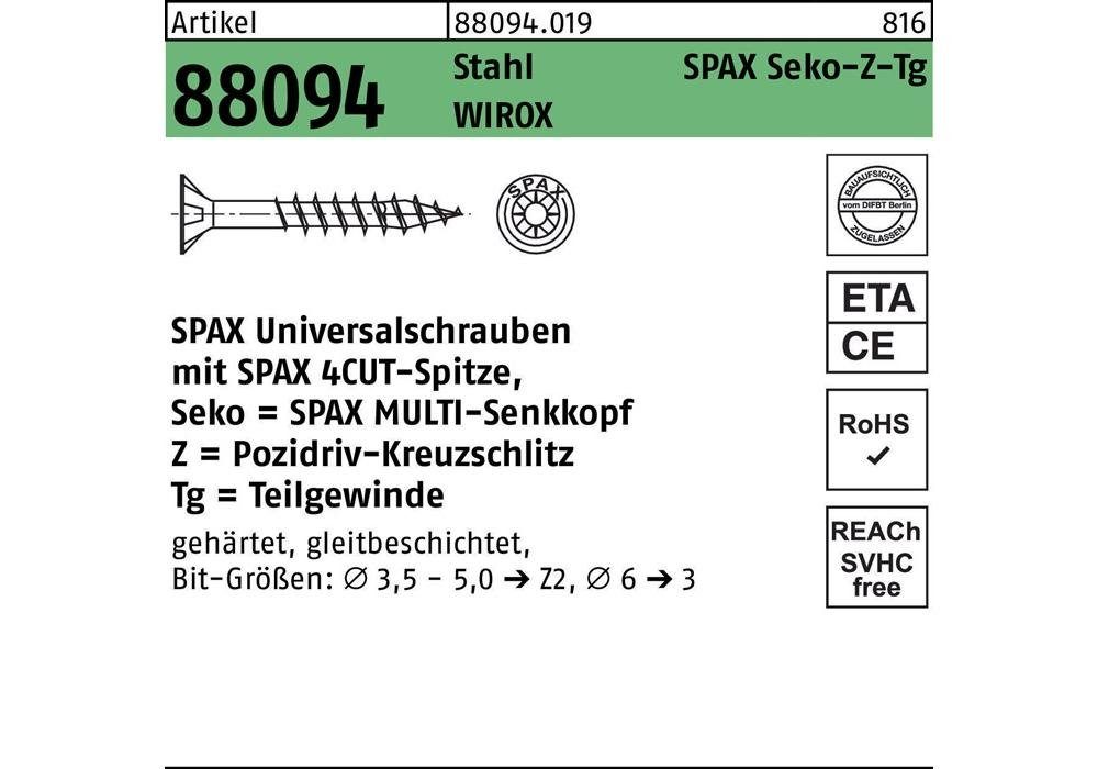 verzinkt R m.Spitze/Kreuzschl.-PZ Schraube 88094 galvanisch Senkkopf Senkschraube SPAX Stahl x WIROX TG 5 70/41-Z