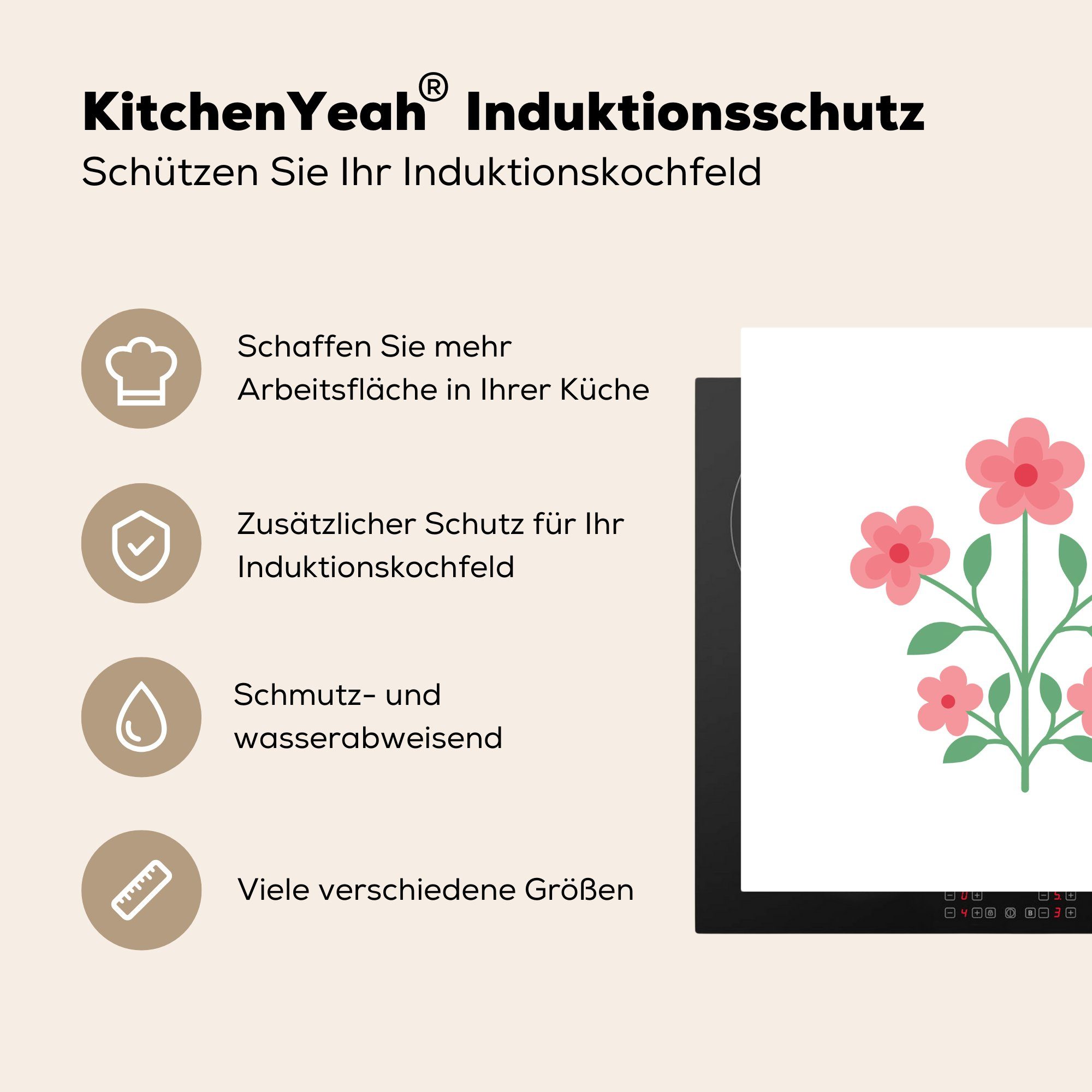 MuchoWow Herdblende-/Abdeckplatte Minimalistische (1 von Ceranfeldabdeckung, Illustration 78x78 Vinyl, Arbeitsplatte tlg), rosa cm, für küche Blumen