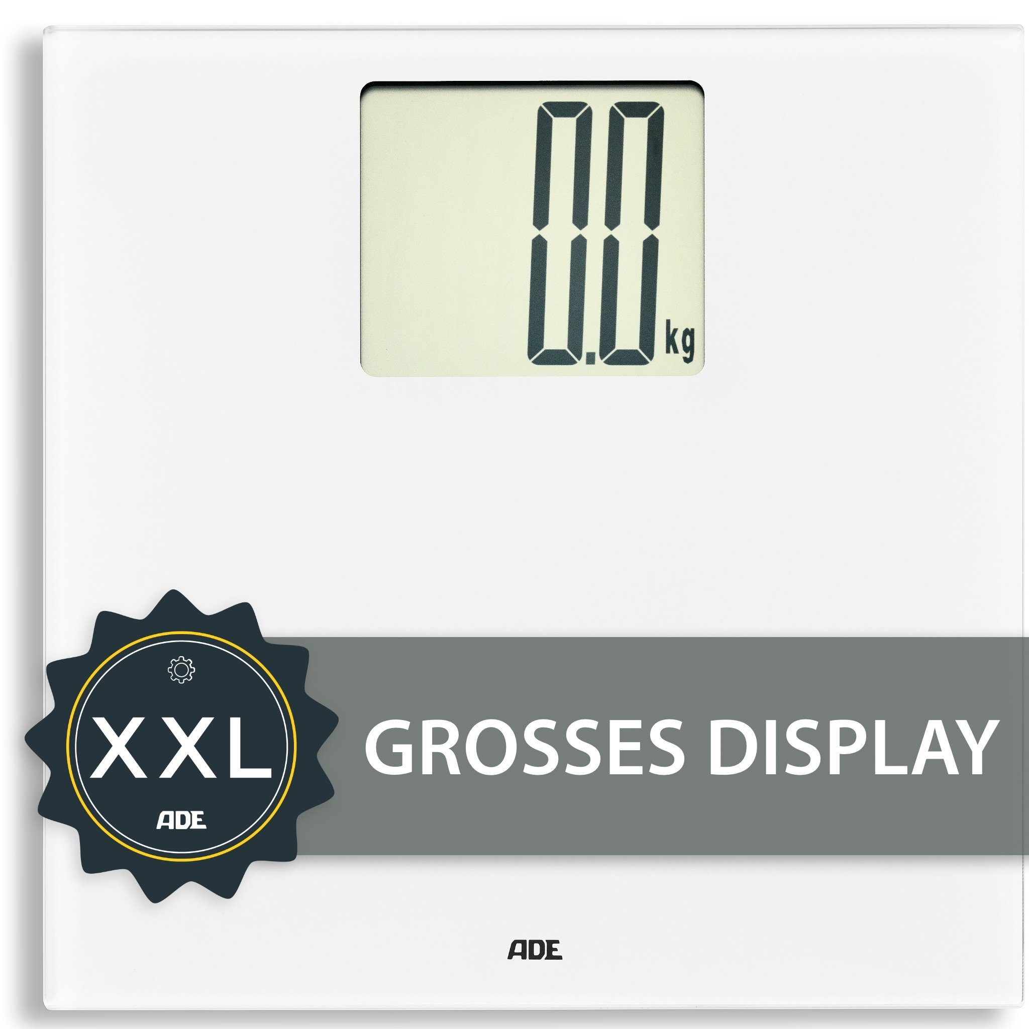 ADE Personenwaage Digitale Körperwaage bis 200 kg, XXL Display, gut ablesbar, Waage mit großen Ziffern für Senioren, inkl. 3 AAA Batterien