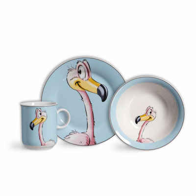 Ritzenhoff & Breker Kindergeschirr-Set Happy Zoo - Flamingo Flo (3-tlg), Porzellan
