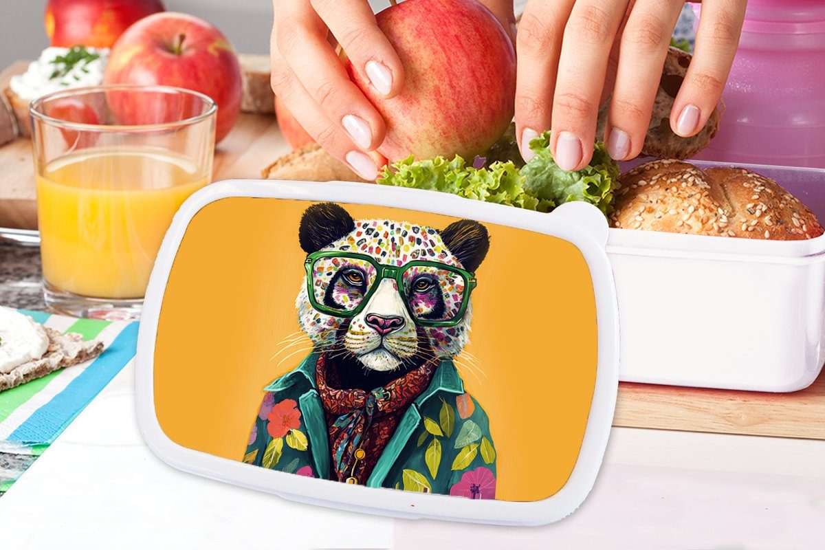 Brotdose, Kunststoff, Jungs Mädchen MuchoWow und Lunchbox für - Erwachsene, Brotbox - Kinder (2-tlg), Brille Hippie, weiß und Panda für