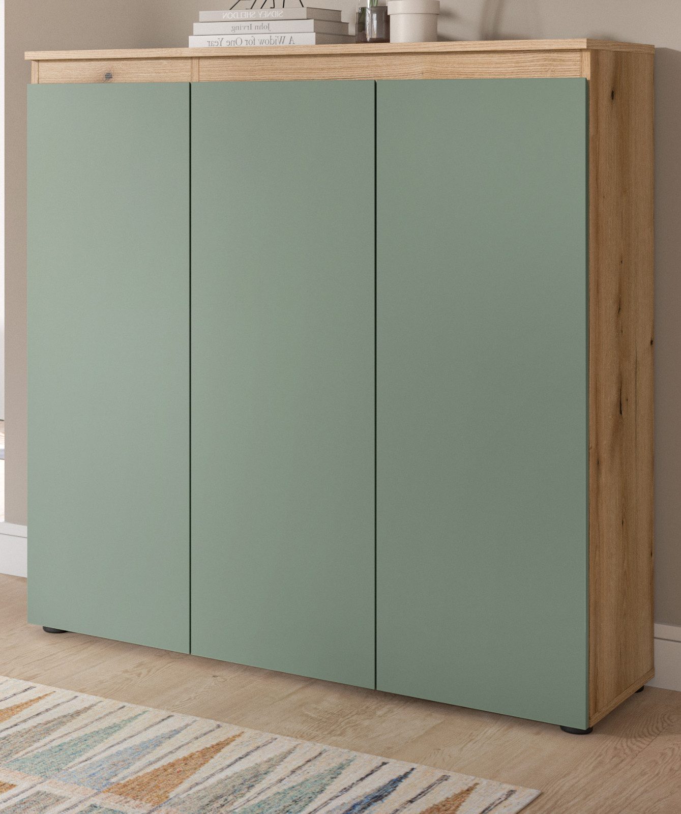 Inn.Furn Kombikommode Assino (Hohe Kommode in Eiche und Rauchgrün, 3-türig, 105 x 111 cm), mit 8 Einlegeböden für bis zu 10 Fächer