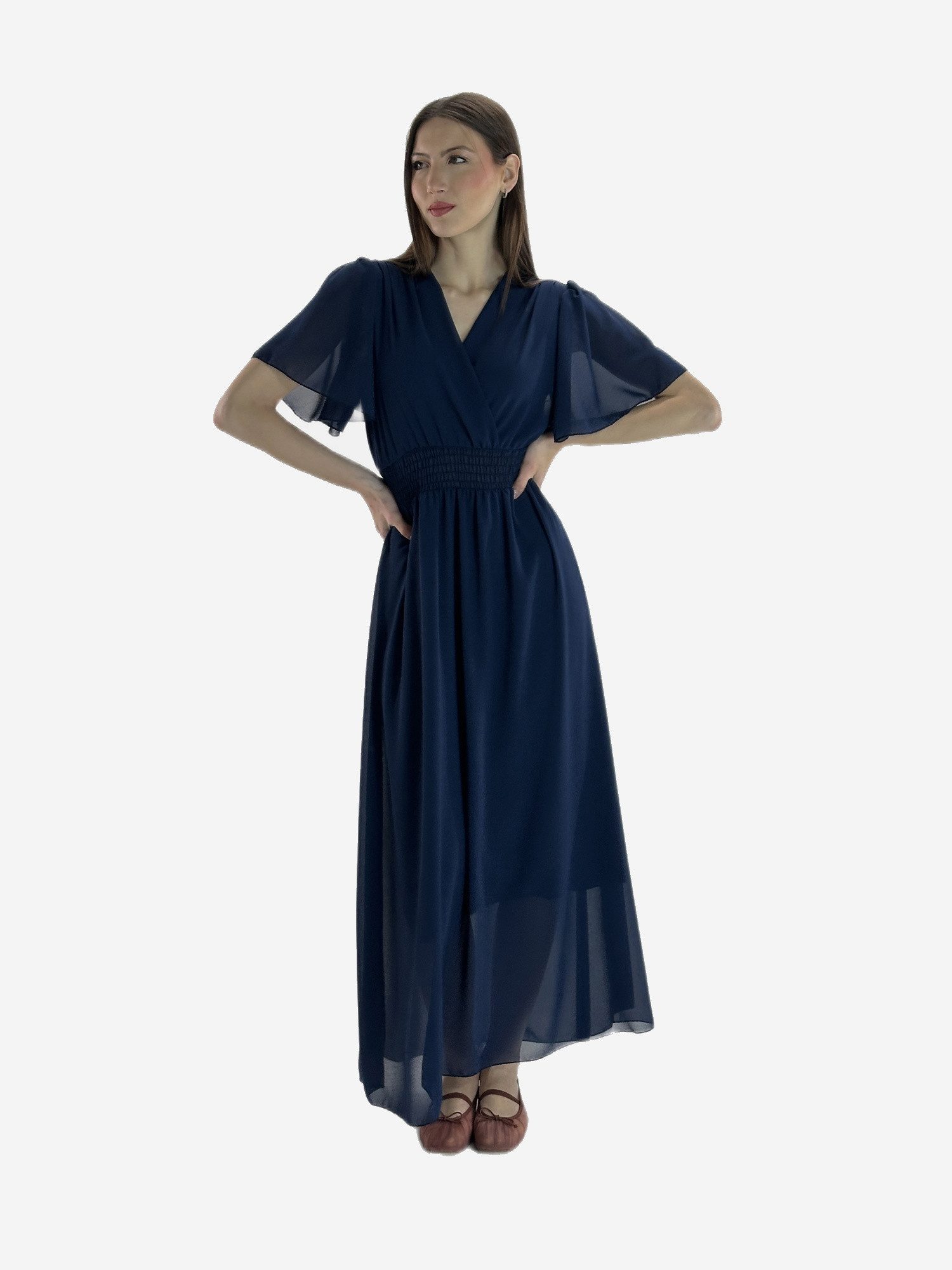 Elara Maxikleid — Damen Sommerkleid mit Wickeloptik, Smoktaille & Flügelärmeln (1-tlg) – Bild 2 von 5