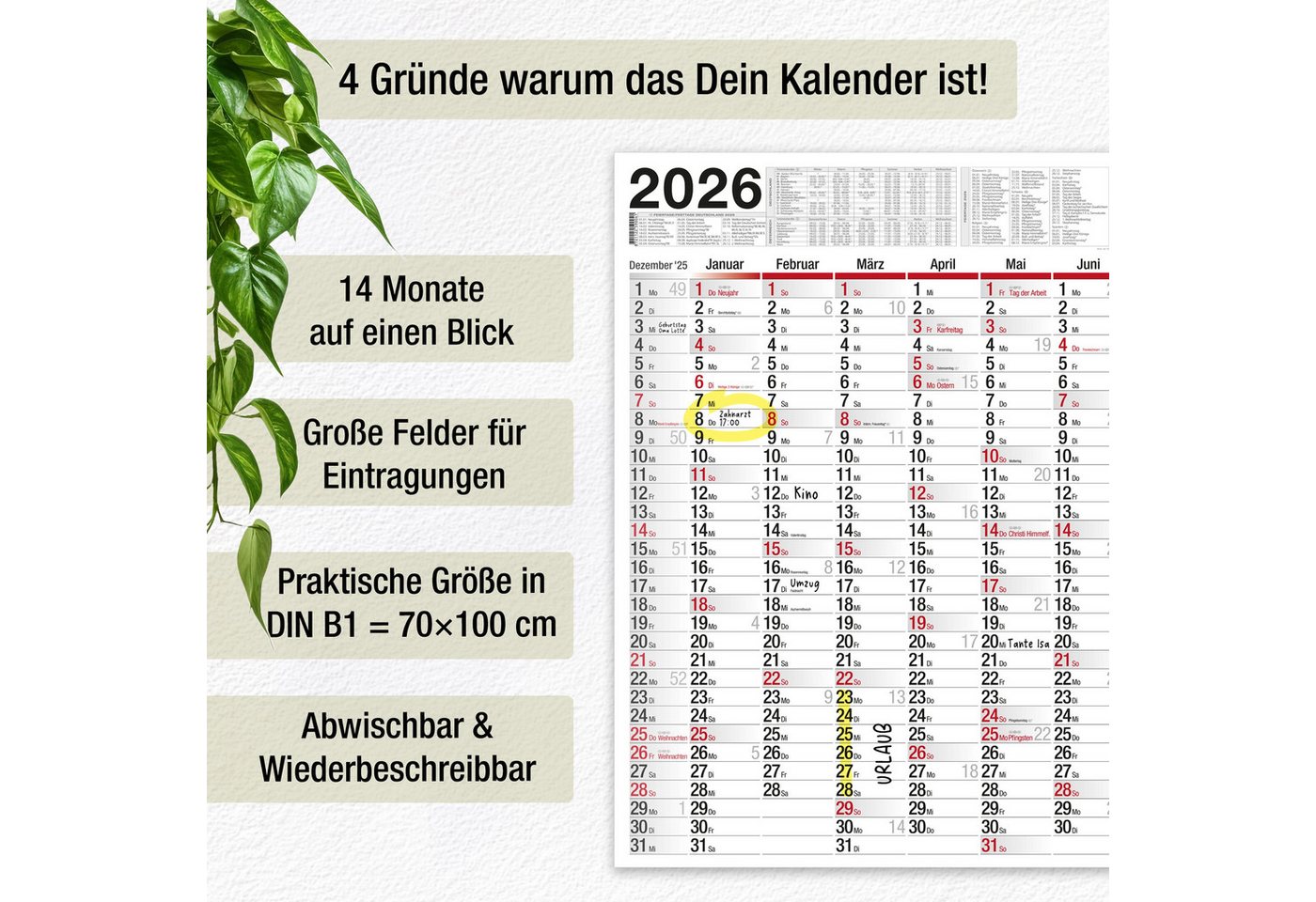 Thumbnail - TOBJA Wandkalender XXL Wandkalender 2026 abwischbar inkl. Stift, Jahreskalender Bürokalender Jahresplaner gerollt
