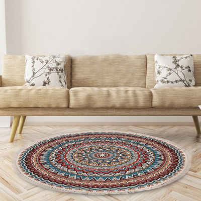 Teppich Vintage Quaste Marokko Rund Teppich, Geometrische Bodenmatte, Waschbar, Sunicol, Boho Flachgewebe Teppich für Wohnzimmer, Schlafzimmer, Eingang, Garten