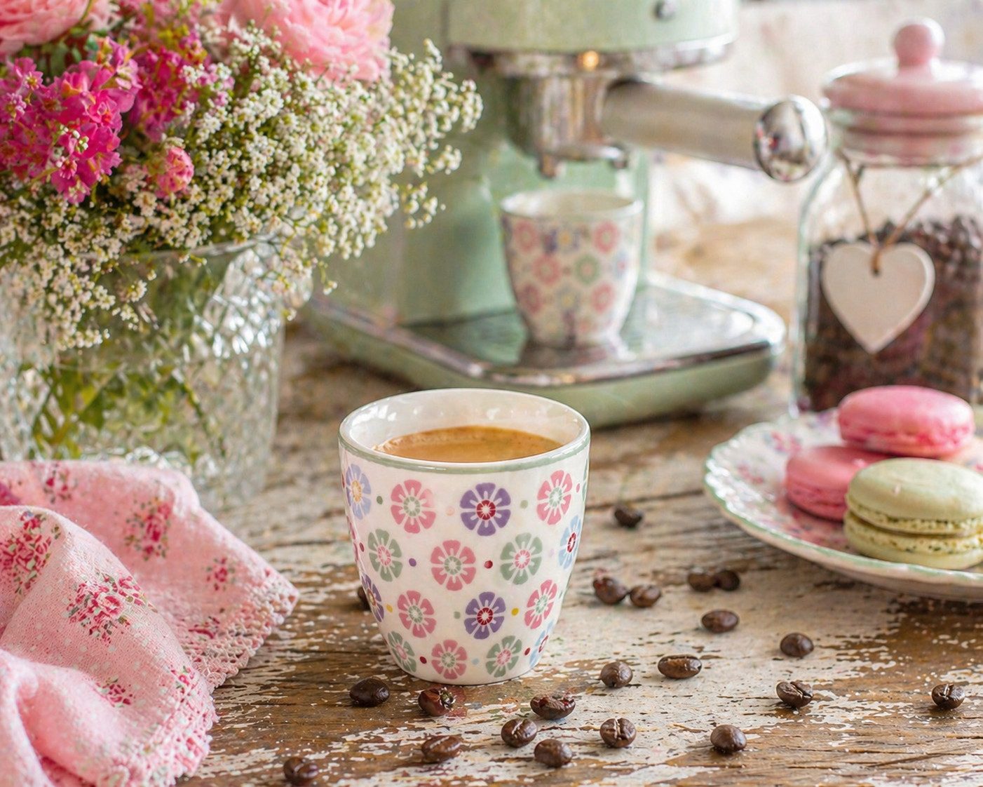 Greengate Espressotasse Greengate – Mini Latte Cup Rike Weiß/Geblümt