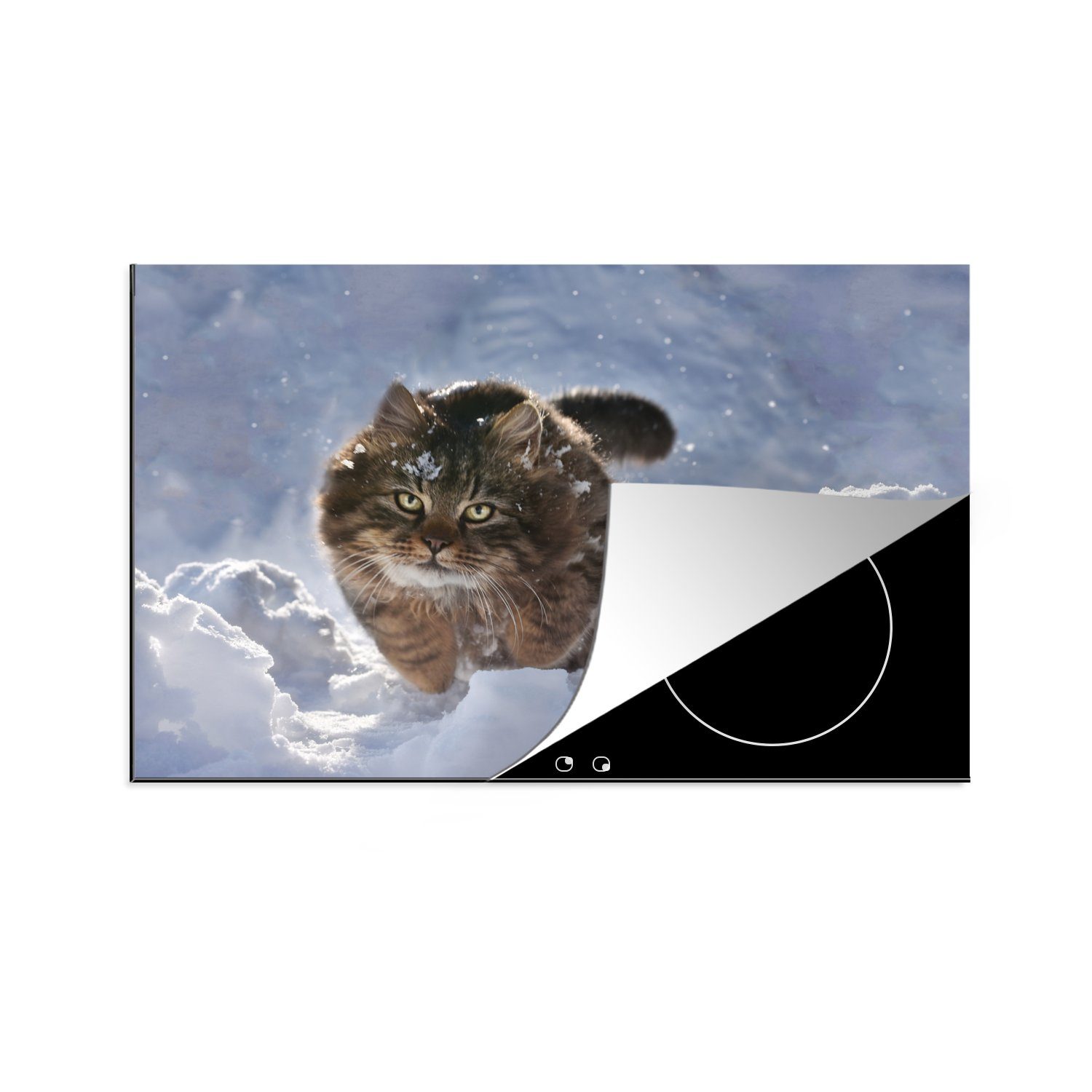 MuchoWow Herdblende-/Abdeckplatte Katze im Schnee, Vinyl, (1 tlg), 81x52 cm, Induktionskochfeld Schutz für die küche, Ceranfeldabdeckung
