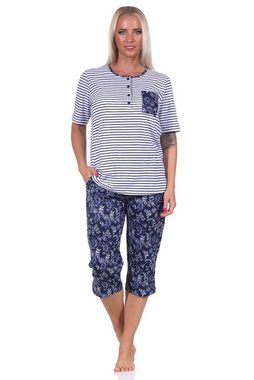 Normann Pyjama Damen Schlafanzug kurzarm, Oberteil gestreift, Capri Hose geblümt